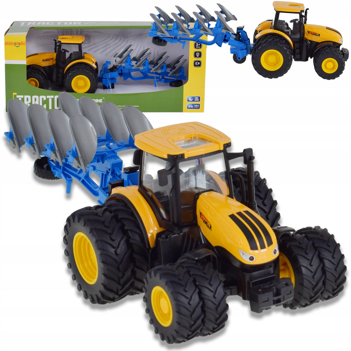 Tractor with Plough Toy for Kids Friction Drive Light and Sound