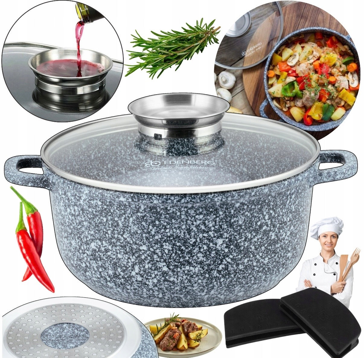 Traditional pot with lid marbled Edenberg 5,6 l gas induction