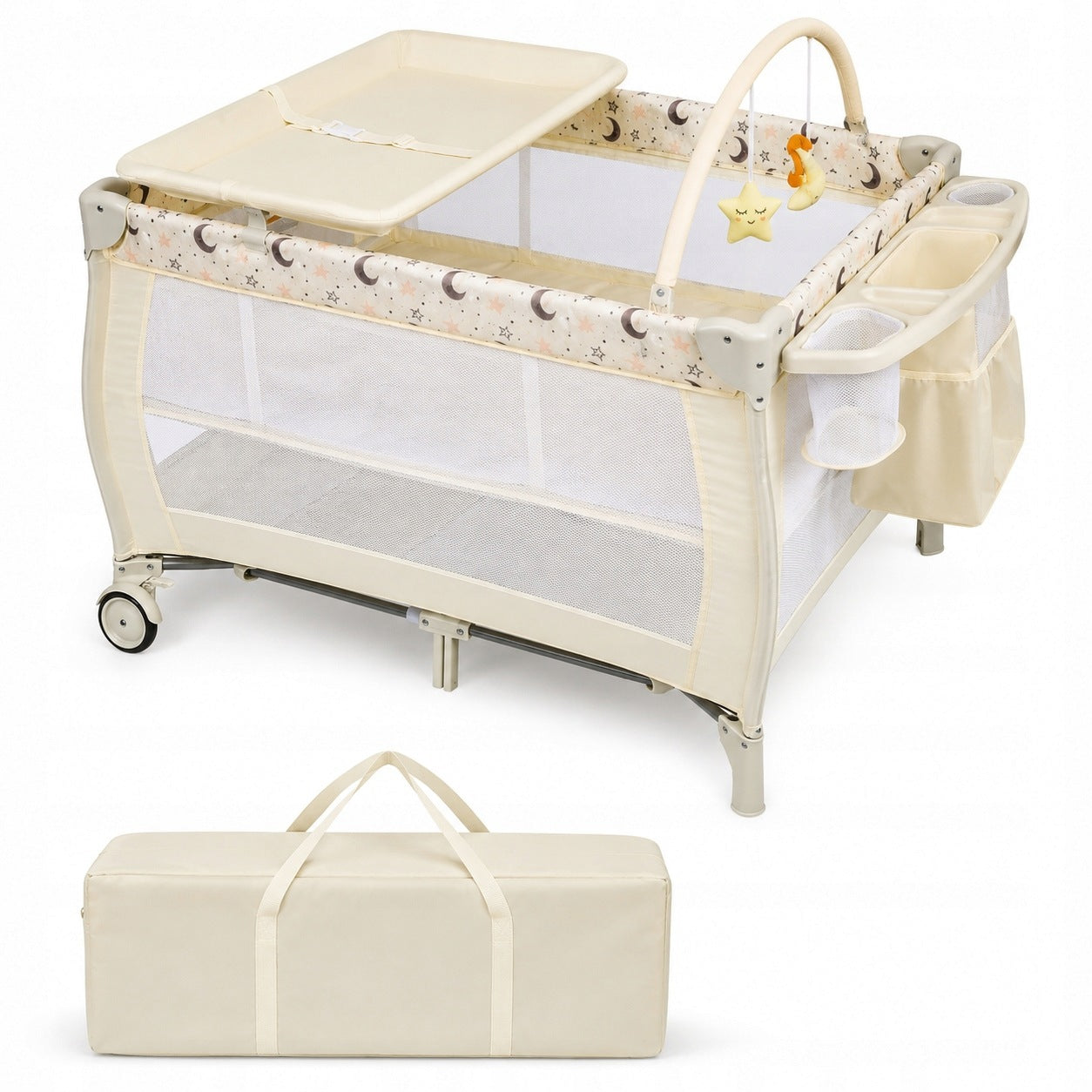 Travel cot 3in1 with changing table playpen wheels beige Costway