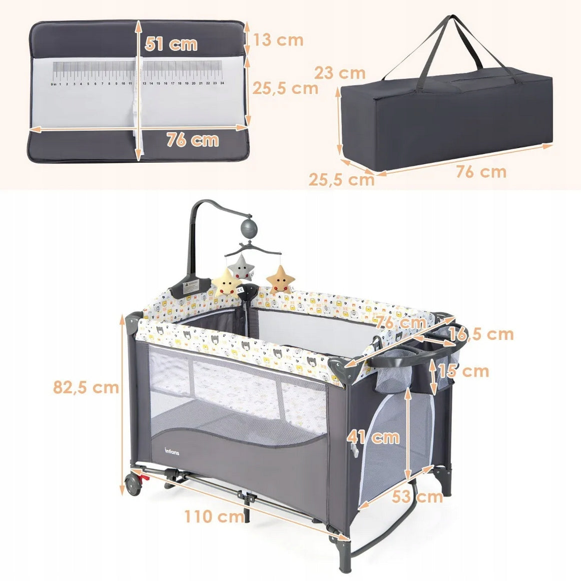 Travel cot Costway 76 x 110 cm shades of grey and silver Brand Costway
