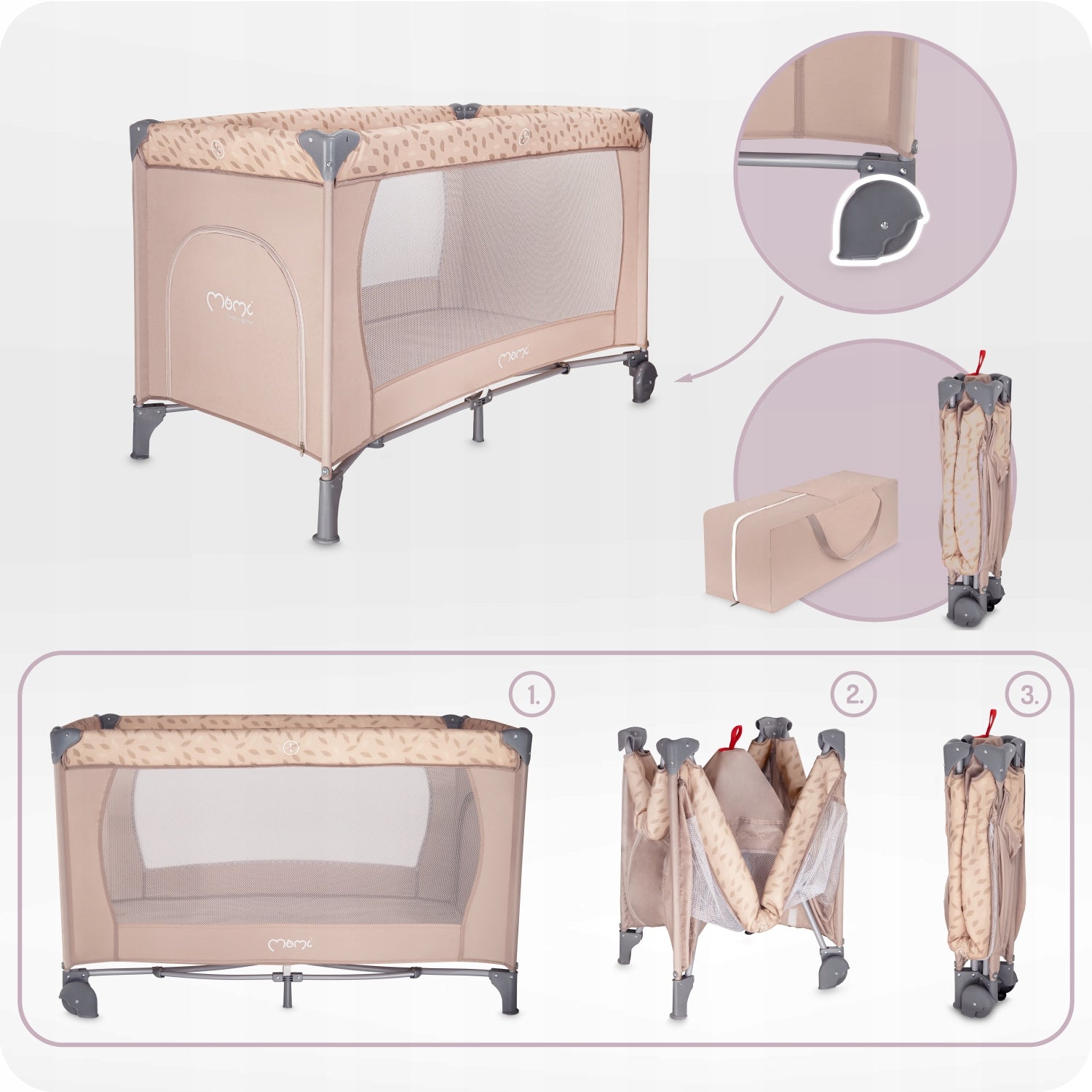 Travel cot MoMi BELOVE beige - mattress folding playpen bag Packaging status original