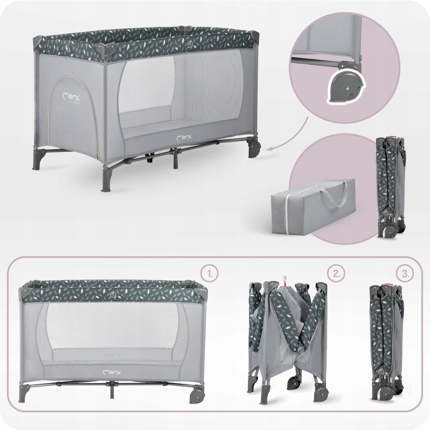 Travel cot MoMi BELOVE grey - mattress folding playpen bag Brand MoMi