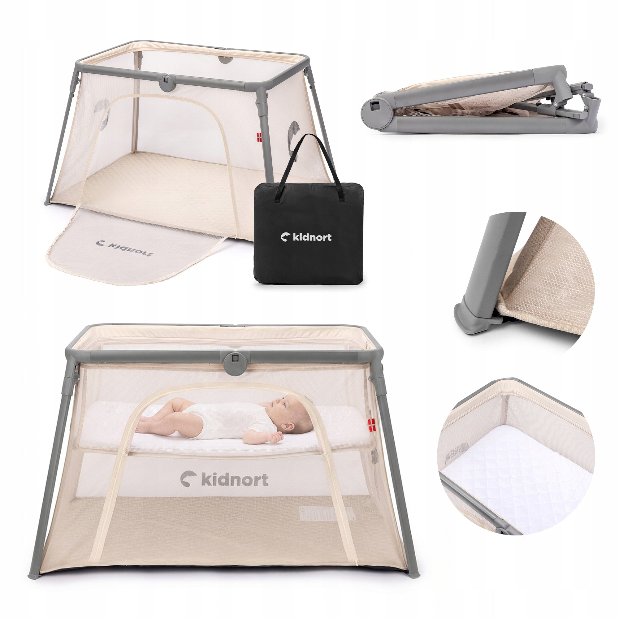 Travel cot and playpen 2in1 folding, portable, mattress Bleke beige