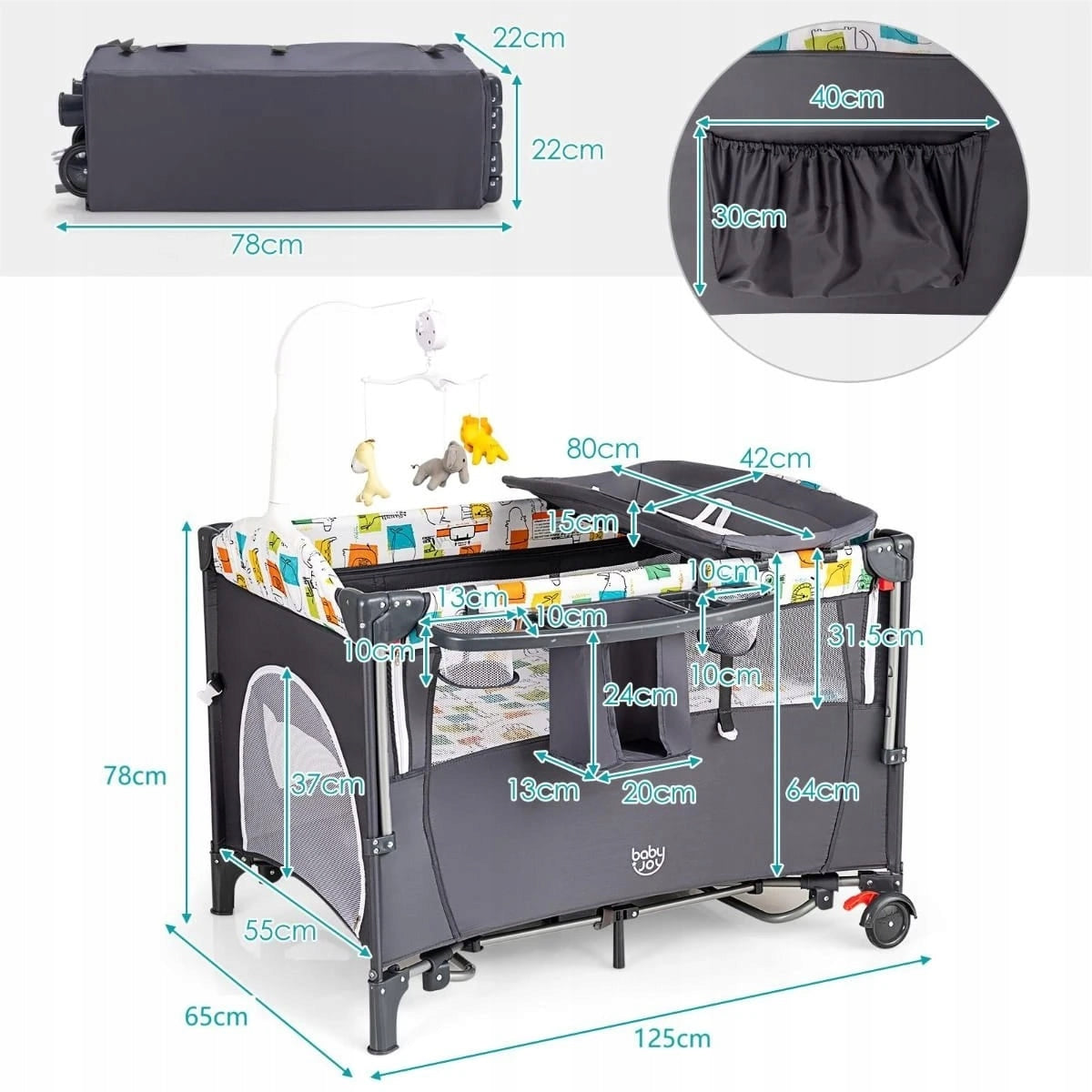 Travel cot extra bed with changing table lowered side folding Manufacturer code BC10227DE-GR