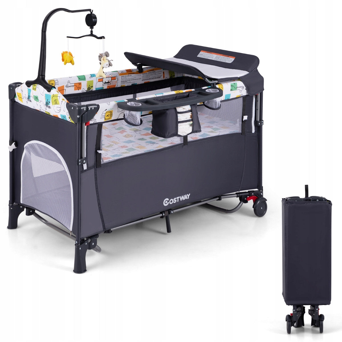Travel cot extra bed with changing table lowered side folding