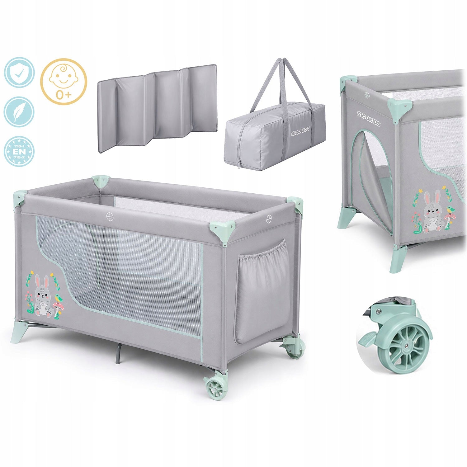 Travel cot + mattress + bag 123,5 x 64 x 76 cm RK-240 grey-mi Manufacturer code 724010