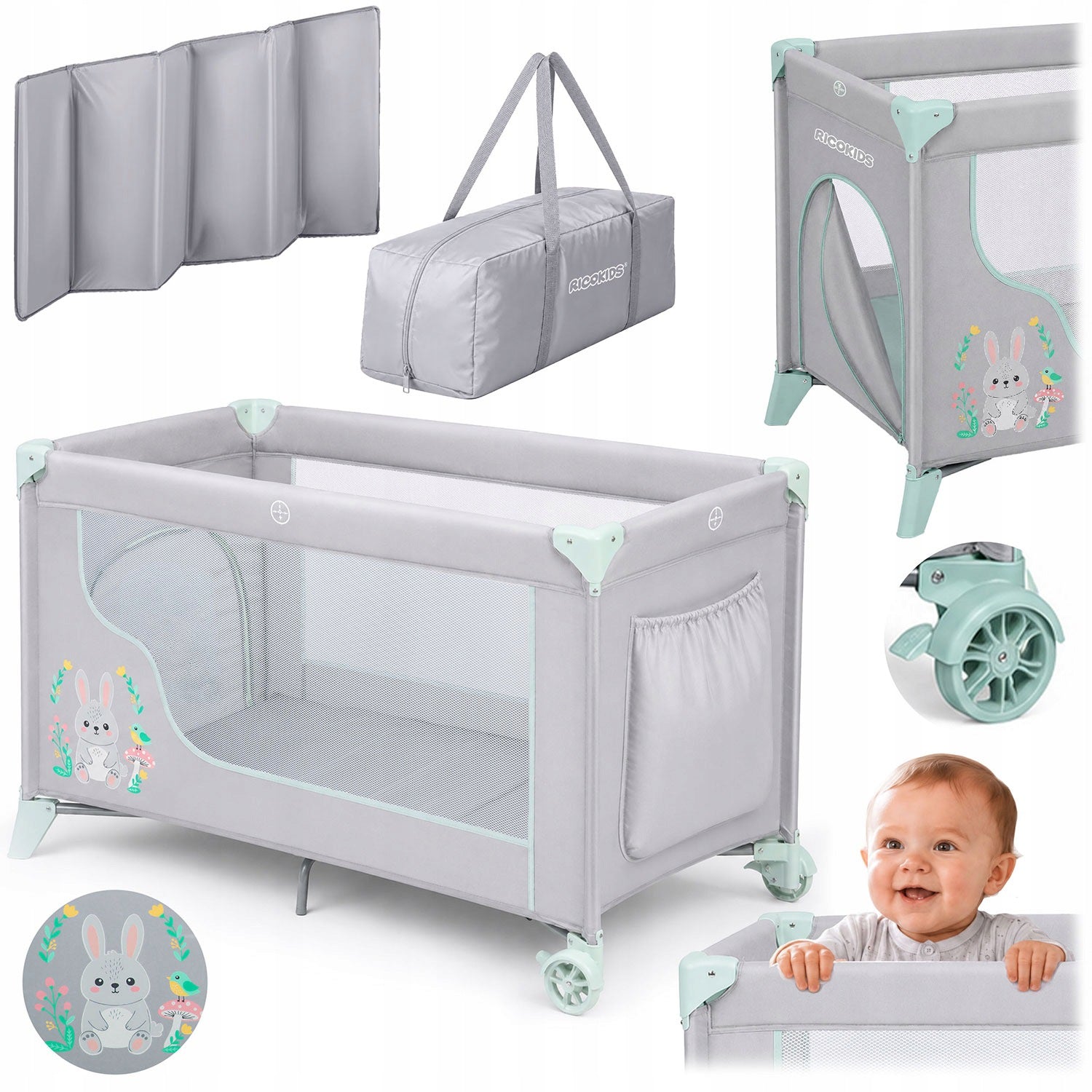 Travel cot + mattress + bag 123,5 x 64 x 76 cm RK-240 grey-mi