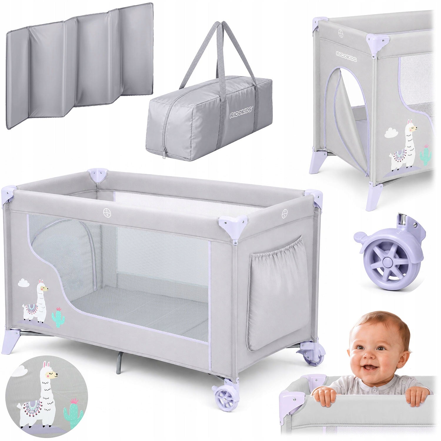 Travel cot + mattress + bag 123,5 x 64 x 76 cm RK-240 grey-
