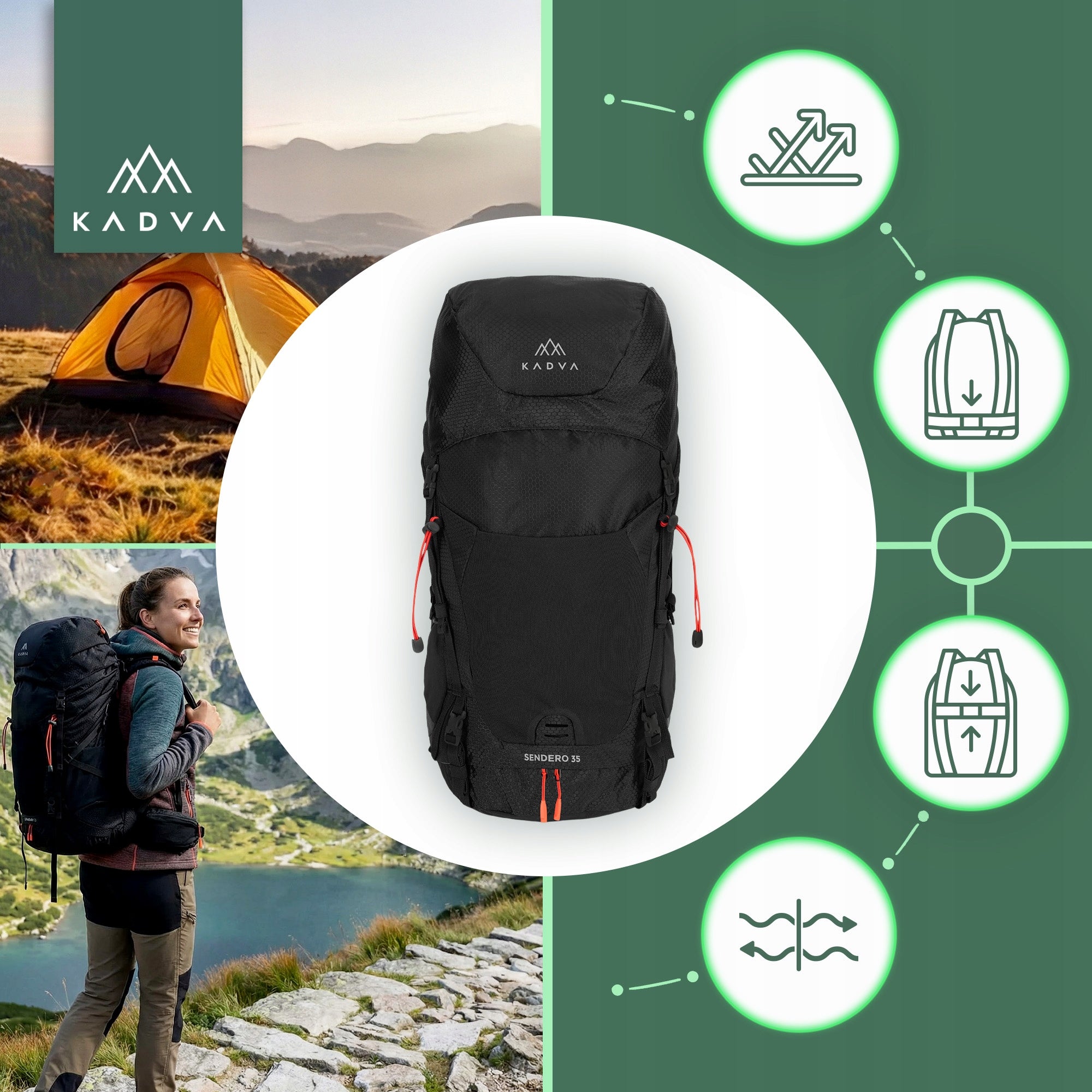 Trekking backpack KADVA Sendero 35l HIKING TRAVEL LUGGAGE LARGE IN THE MOUNTAINS Manufacturer code FX-KDV-B4C003-BK