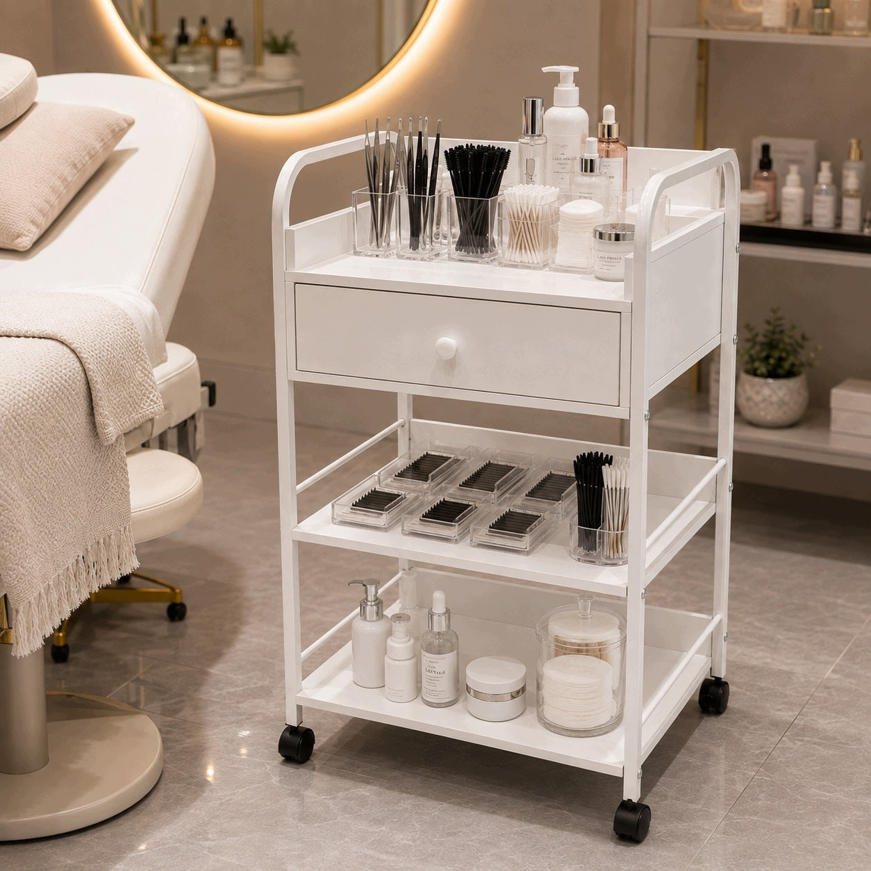 Trolley Cosmetic Helper for Living Room Wheels Drawer Shelves White