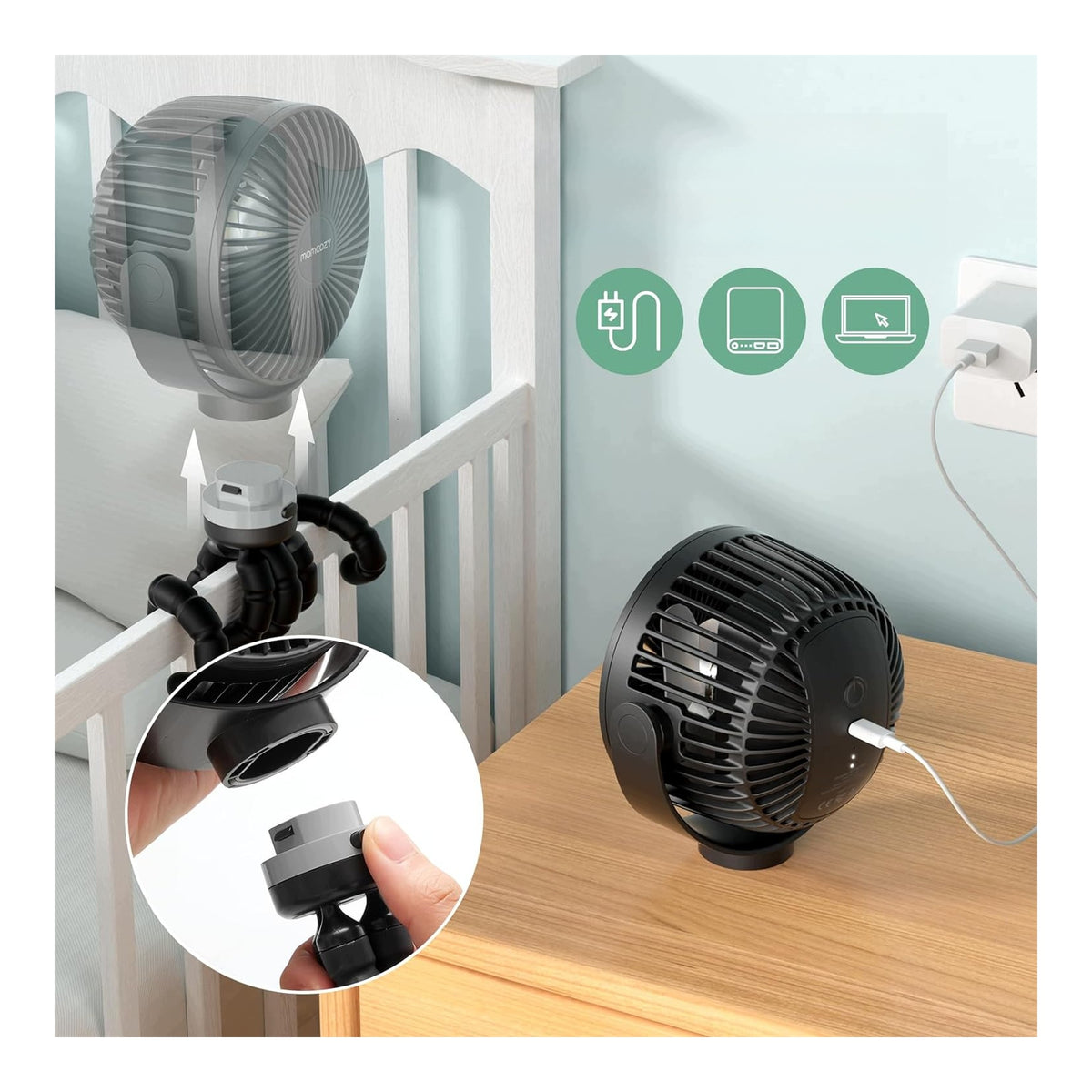 Trolley Fan Cordless Fan 8000mAh USB 360° LED Clamp Brand Momcozy