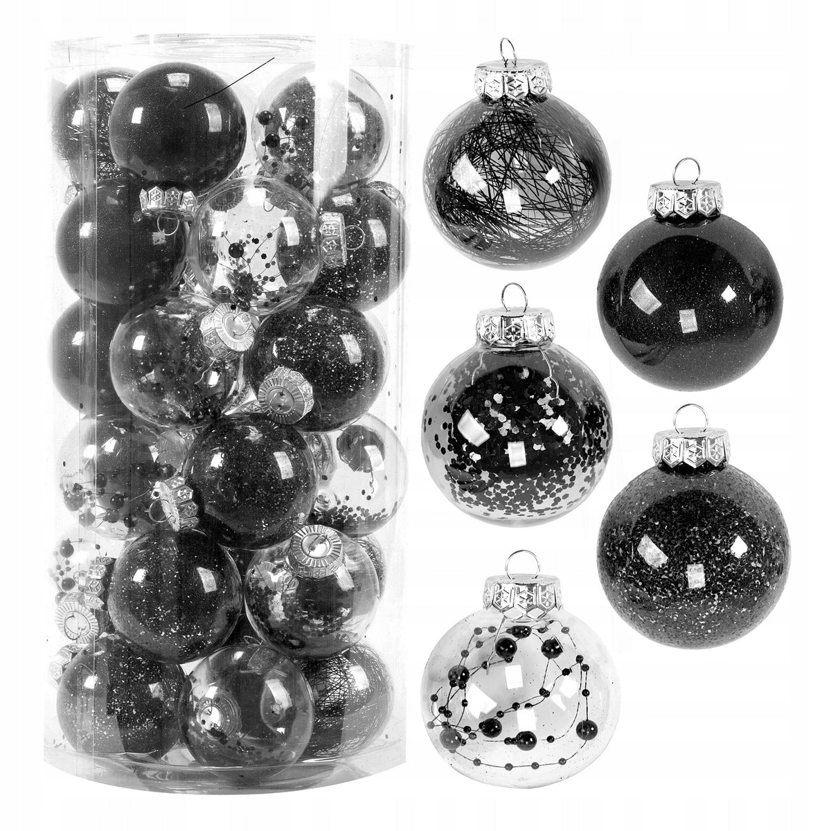 UNBREAKABLE CHRISTMAS TREE BAUBLES BLACK TRANSPARENT GLITTER SET 30pcs XXL