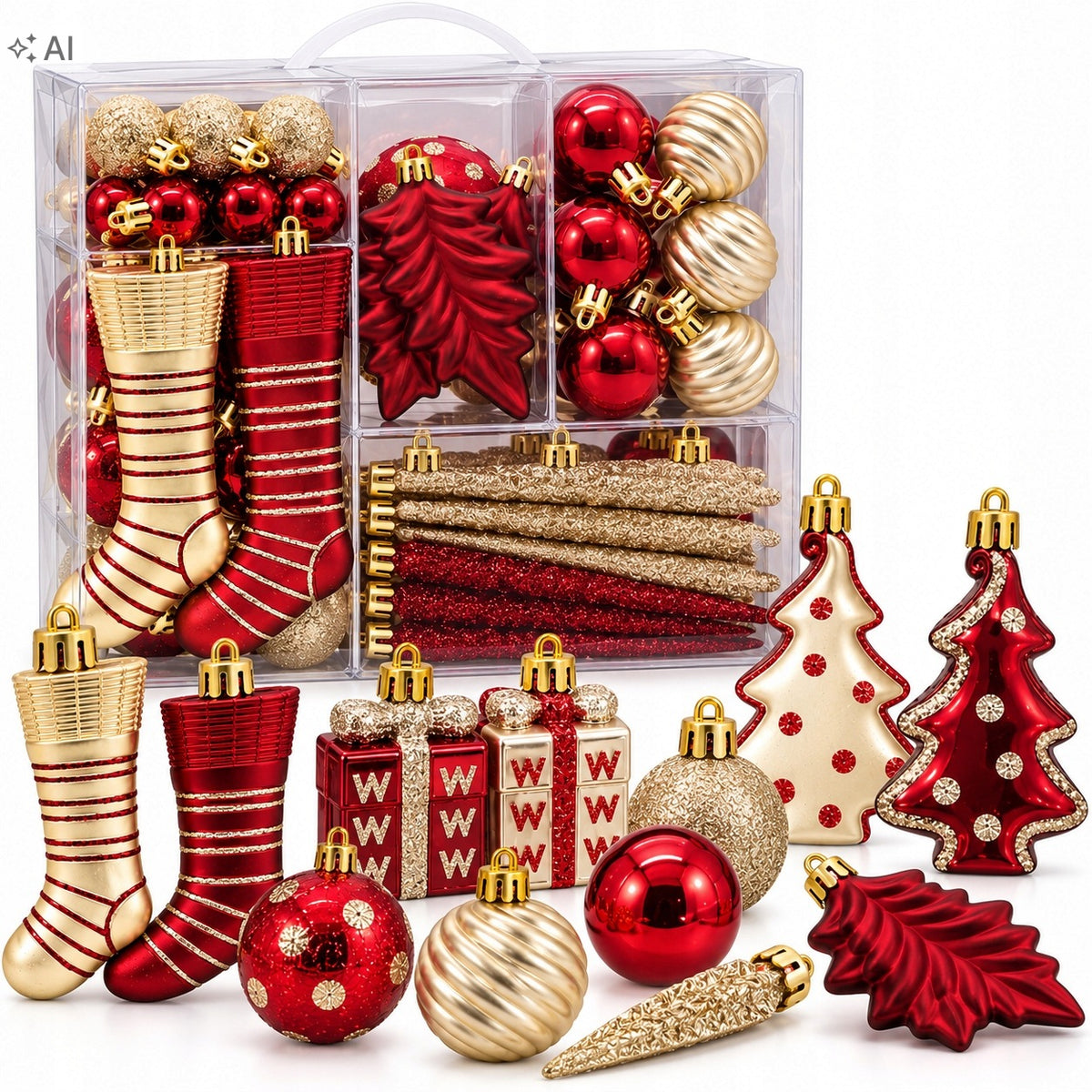 UNBREAKABLE CHRISTMAS TREE BAUBLES SET OF 38 PCS RED GOLD ORNAMENTS