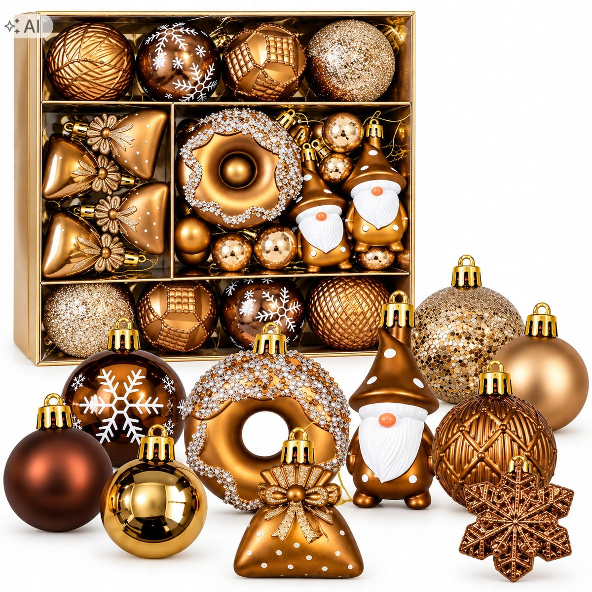 UNBREAKABLE CHRISTMAS TREE BAUBLES SET OF 60 GOLD BROWN ORNAMENTS