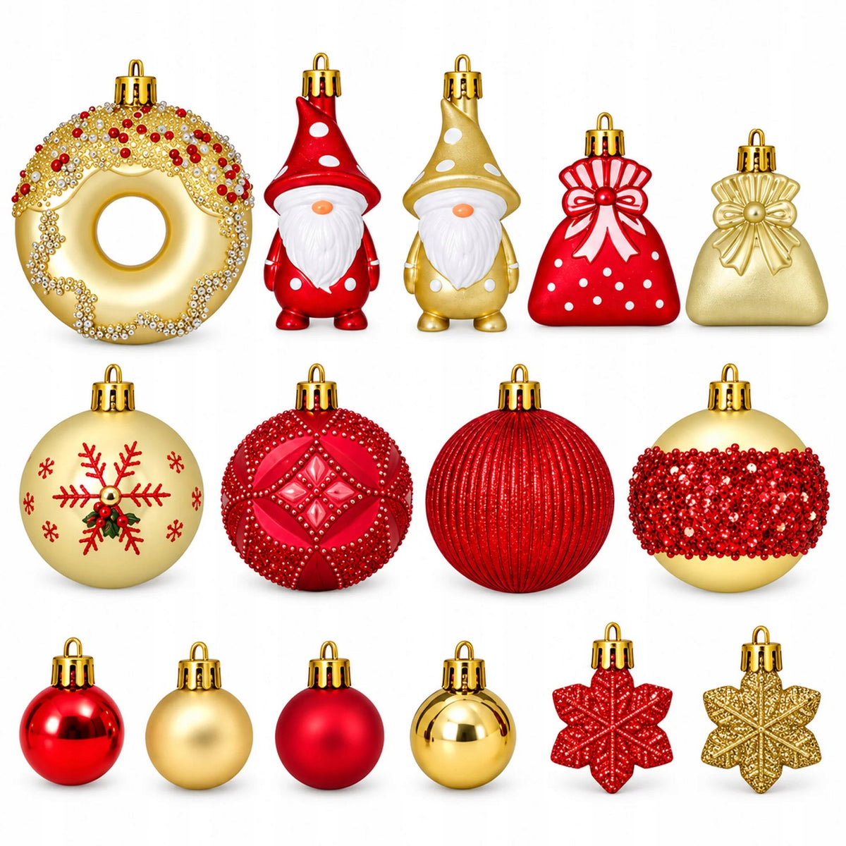 UNBREAKABLE CHRISTMAS TREE BAUBLES SET OF 60 RED GOLD ORNAMENTS Longest dimension 8 cm