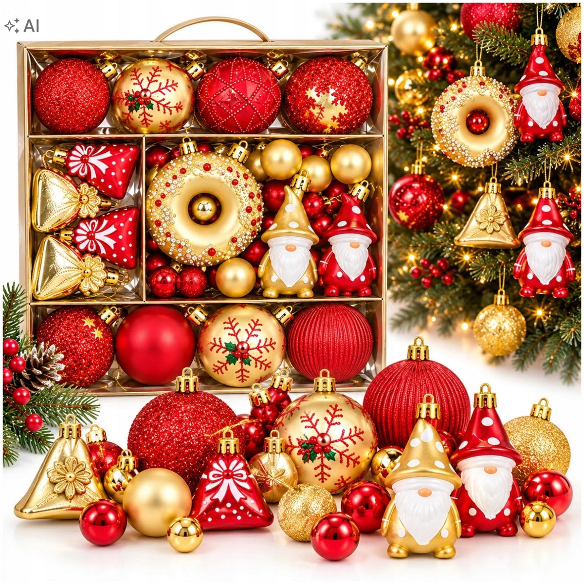 UNBREAKABLE CHRISTMAS TREE BAUBLES SET OF 60 RED GOLD ORNAMENTS