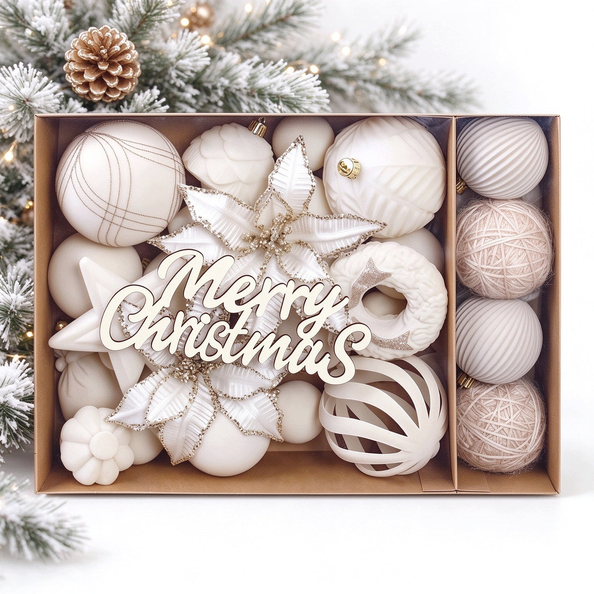 UNBREAKABLE CHRISTMAS TREE VELOUR BAUBLES SET 38pcs ORNAMENTS WHITE