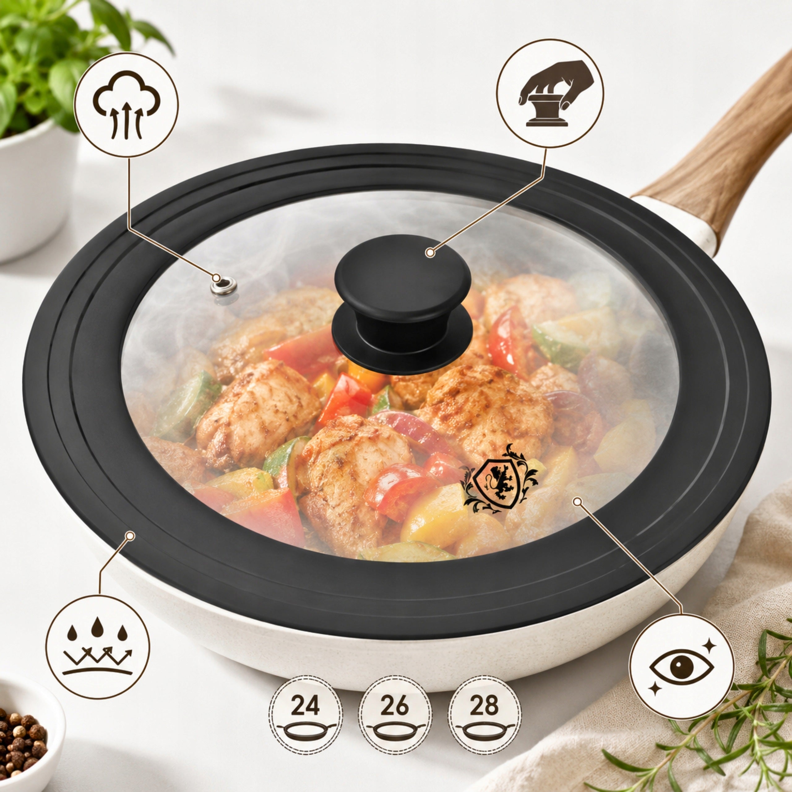 UNIVERSAL GLASS LID 24 26 28 SILICONE FOR POT POTS PANS Manufacturer code POKRYWKA 3W1 UNIWERSALNA 24/26/28 CM SILIKON