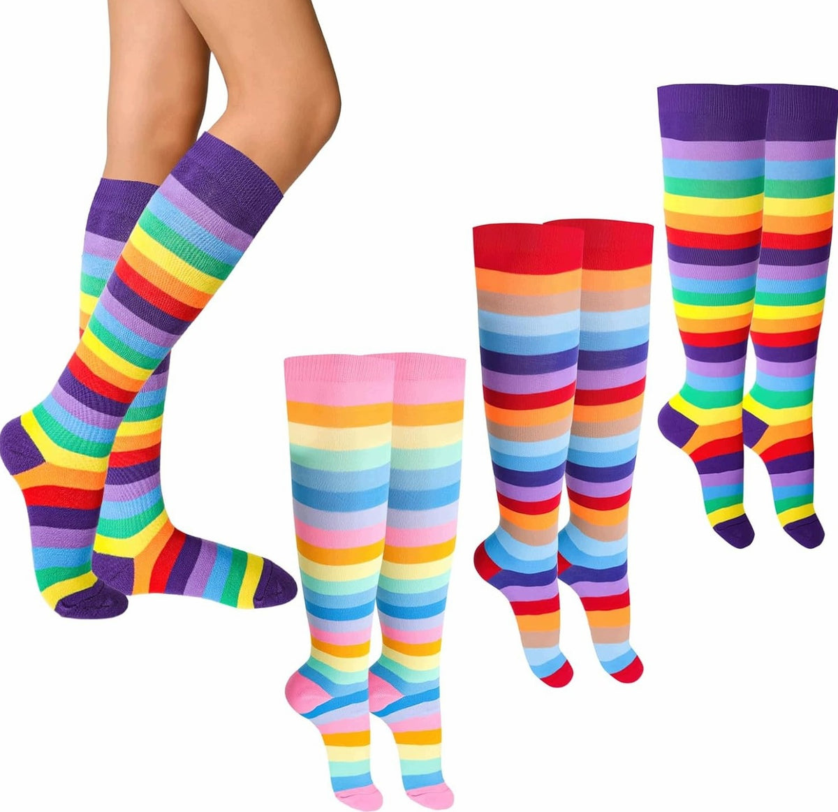 UNIVERSAL KNEE-HIGH SOCKS 3PCS STRIPES LONG COLORFUL ELASTIC SOCKS