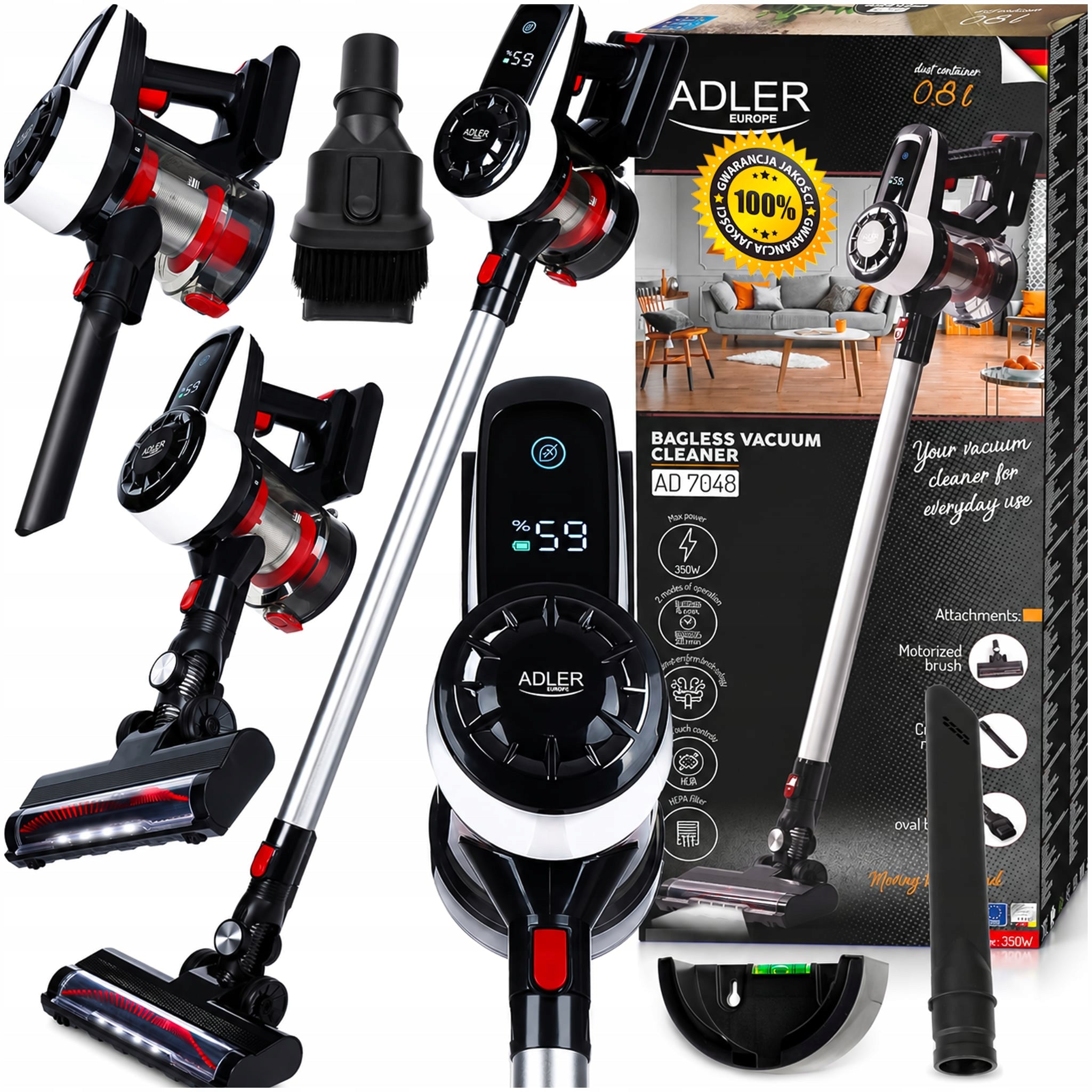 UPRIGHT VACUUM CLEANER CORDLESS POWERFUL BAGLESS LED CORDLESS 350W