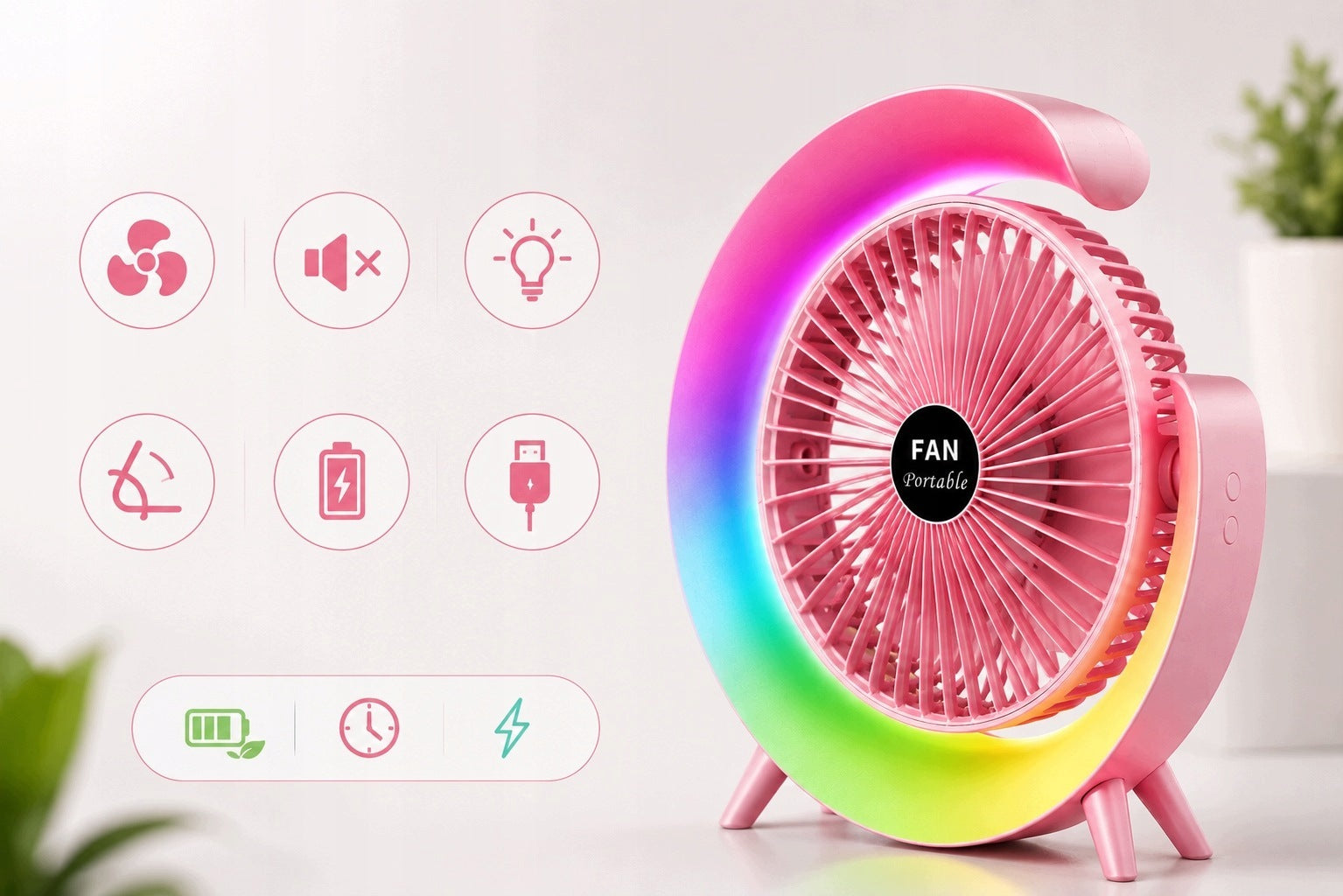 USB Desk Fan Rechargeable RGB Quiet 3 Gears Adjustable 90° Fan type mini