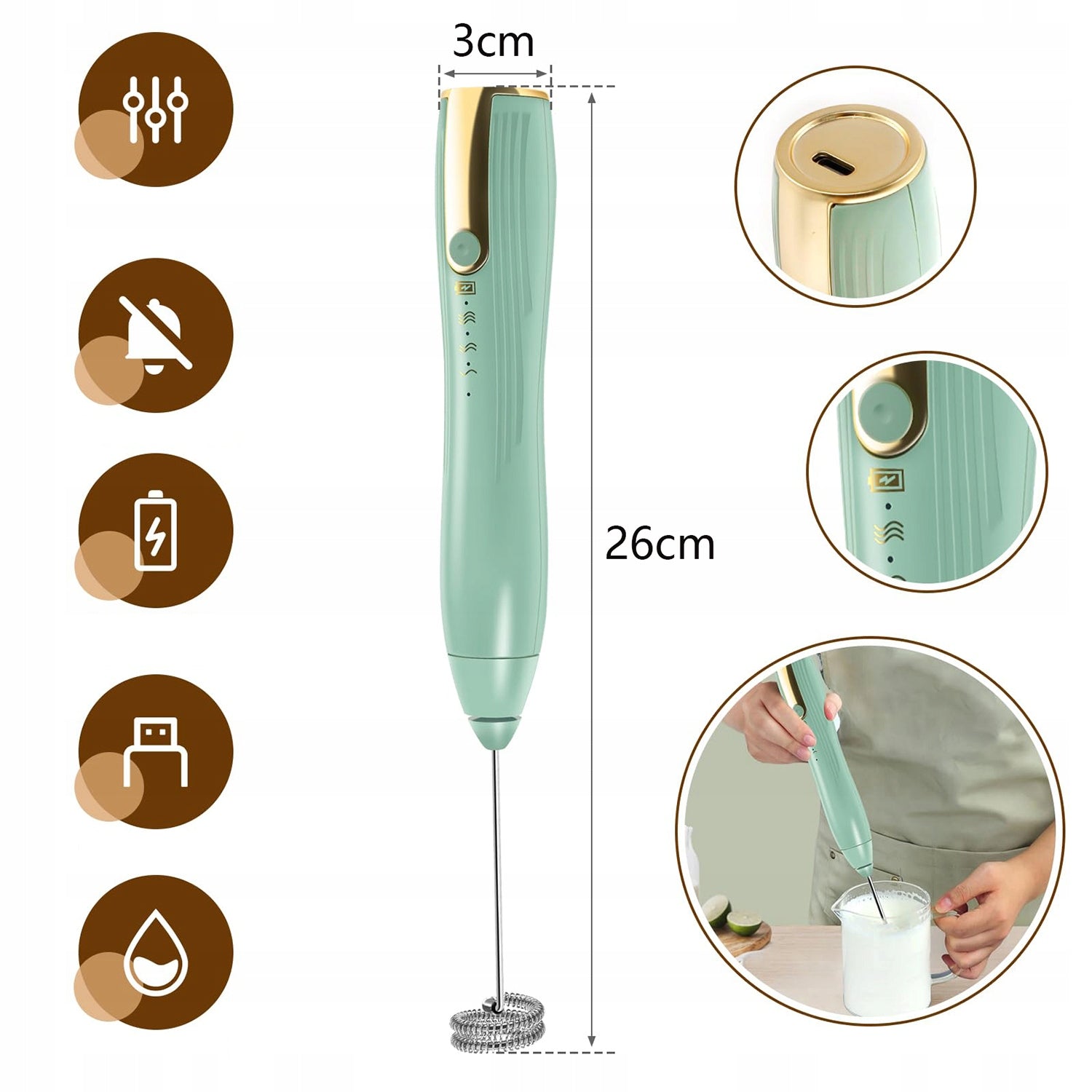 USB Electric Milk frother, 3 Speeds, Coffee Mixer - Green Manufacturer code Elektryczny spieniacz do mleka zielony