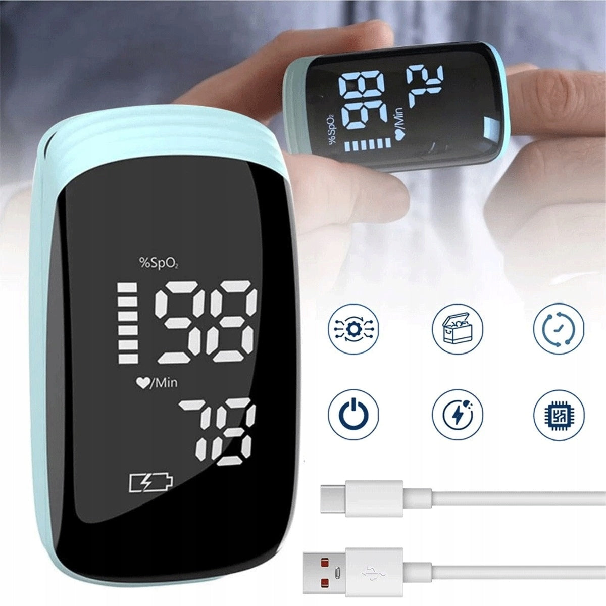USB RECHARGEABLE FINGER PULSE OXIMETER WITH BACKLIT LED DISPLAY