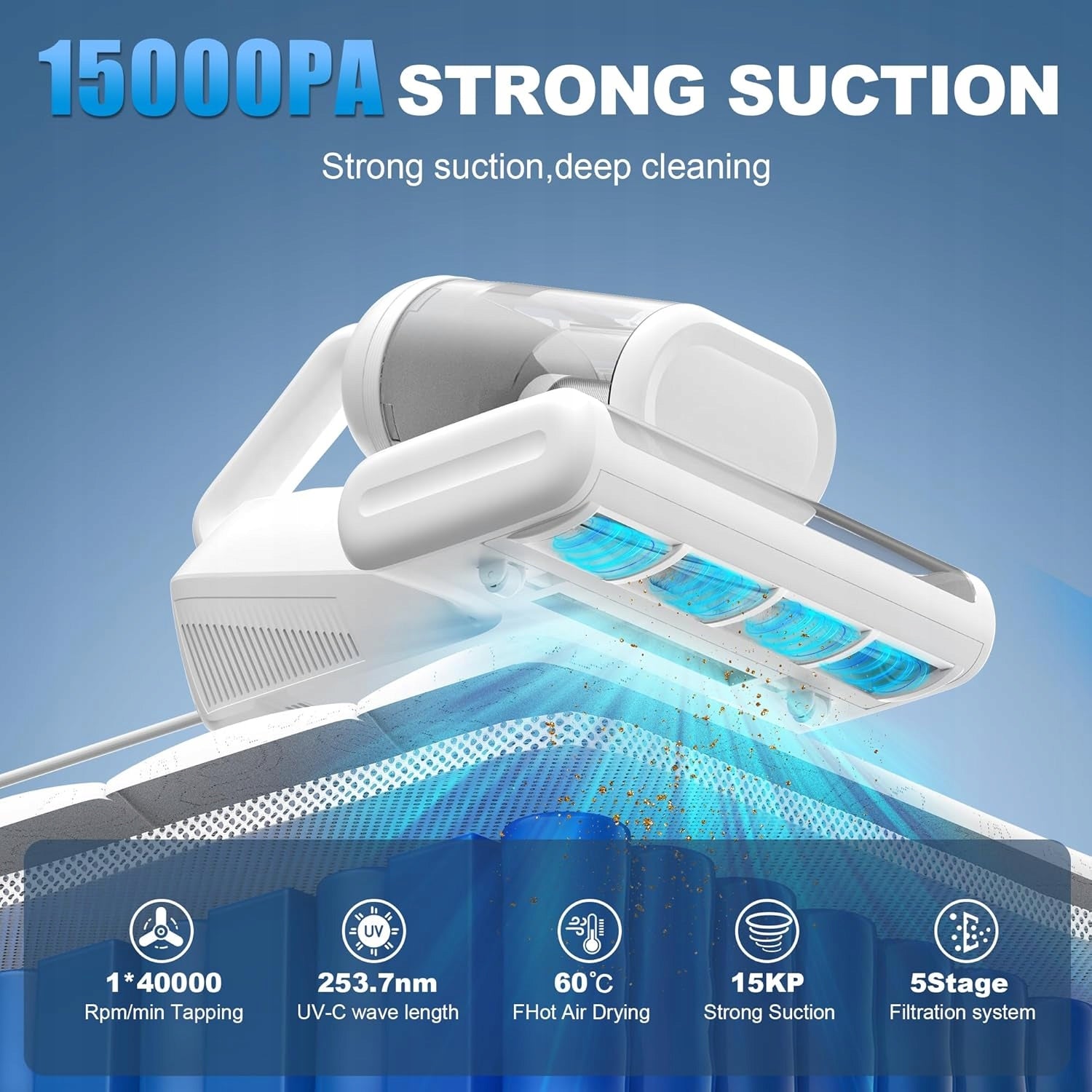 UV Vacuum Cleaner for Mattress Mites 15000Pa HEPA Sterilization 60°C Manufacturer code C001
