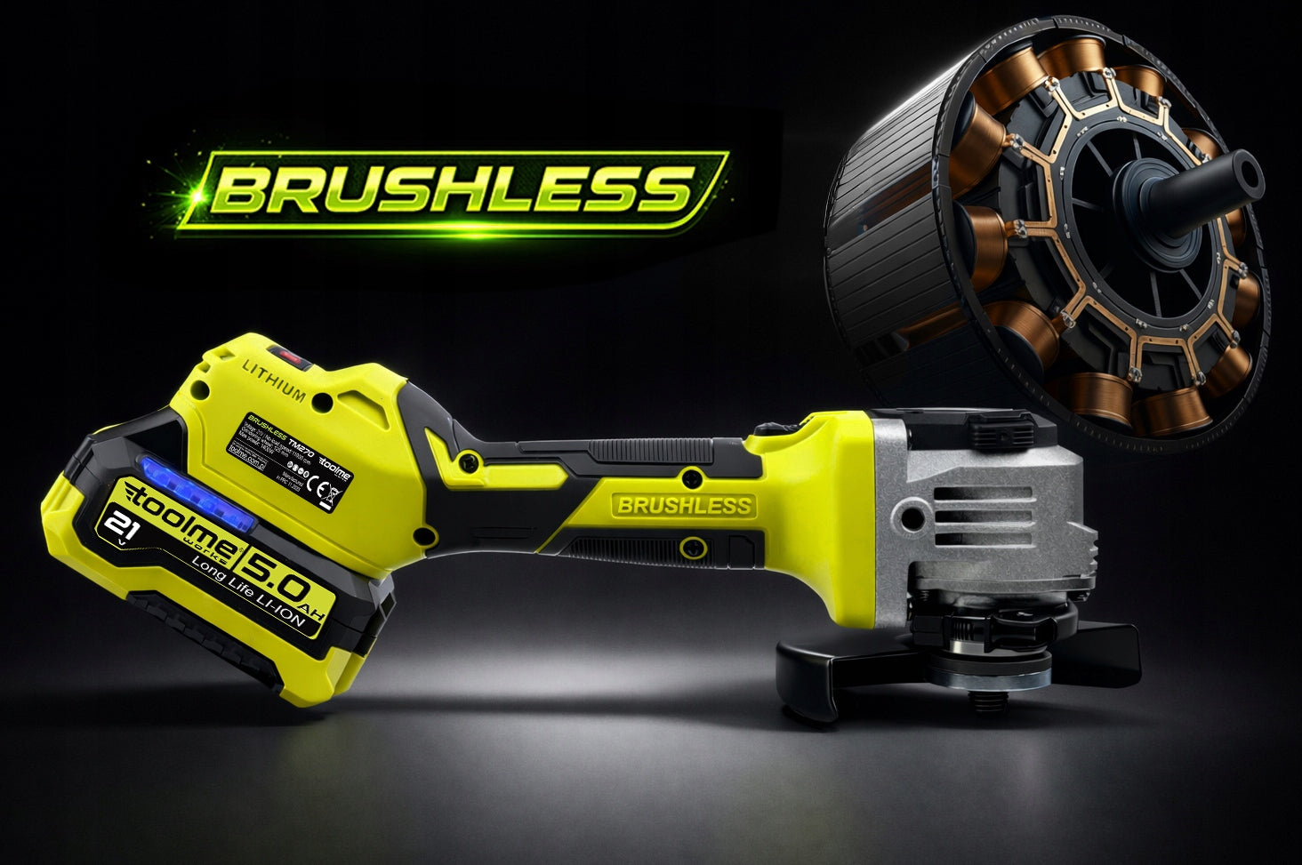Ultra Quiet Cordless Brushless Angle Grinder 5Ah TOOLME tm270 Maximum power 1400 W