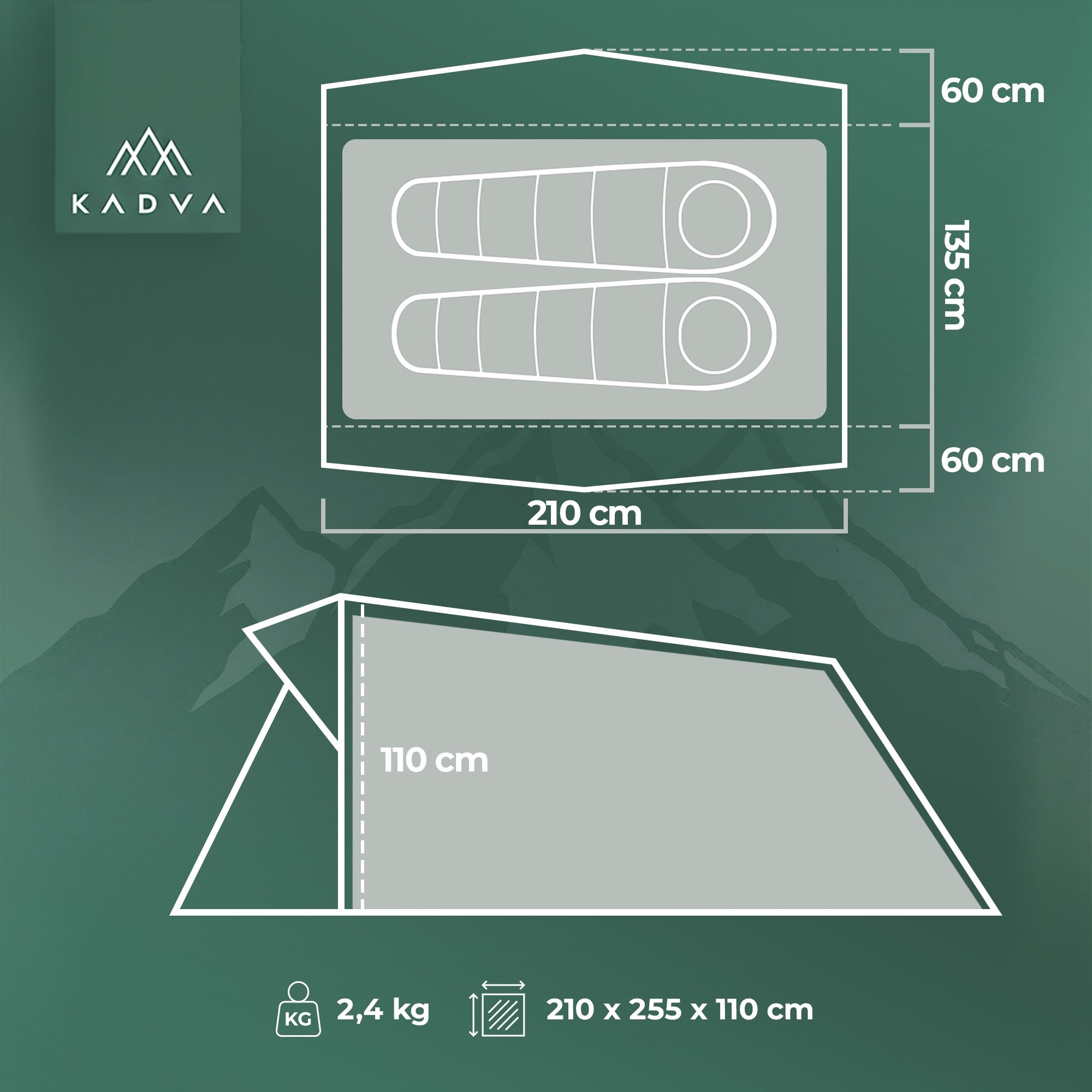 Ultralight trekking tent 2-person KADVA EXPEDIT 2 PRO green OS Manufacturer code KDV-B4B203-DG