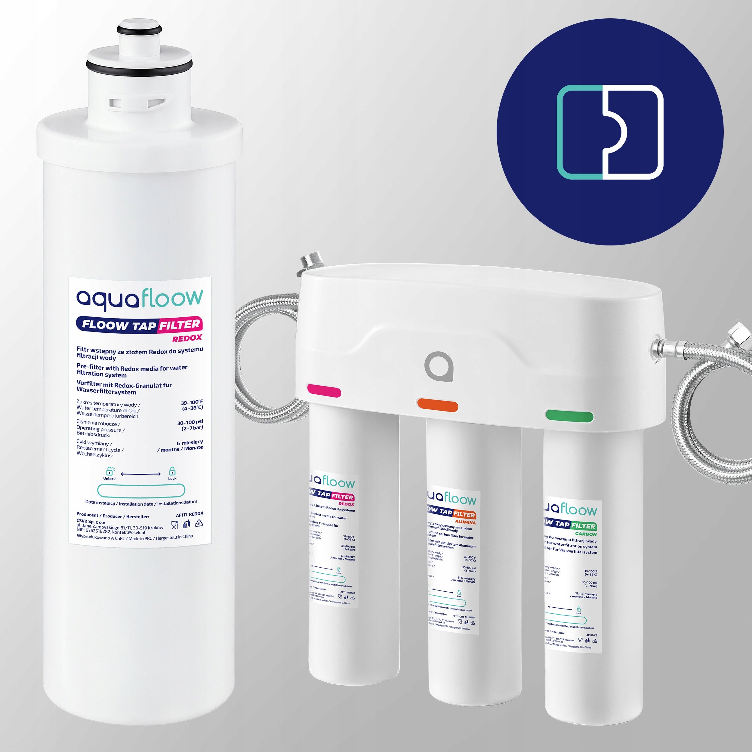 Undersink filter AquaFloow REDOX three-layer filtration installation protection Dominant color white