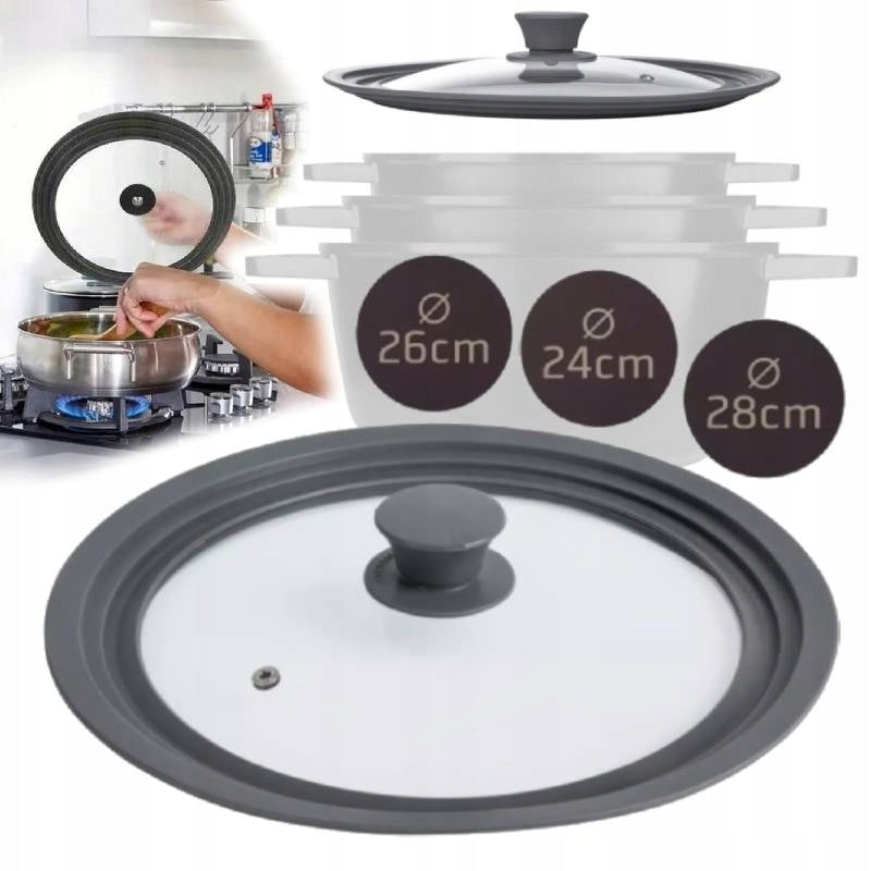 Universal glass lid 24/26/28 cm with silicone rim and valve Packaging status original