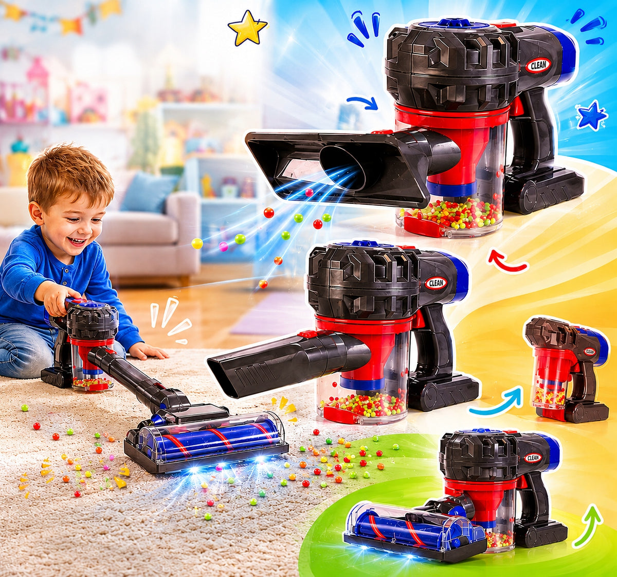 VACUUM CLEANER CHILDREN'S TOY VERTICAL MANUAL WITH FUNCTION SUCTION FUNCTION 3IN1 Manufacturer code ODKURZACZ PIONOWY TRWAŁY SUPER ALMA GIGS