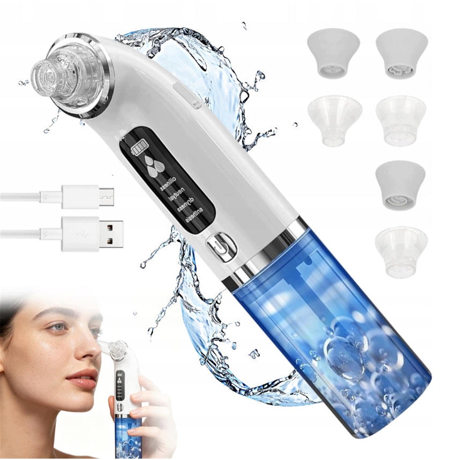 VACUUM CLEANER FOR BLACKHEADS VACUUM WATER 4 MODES 6 TIPS USB WHITE 3.7V