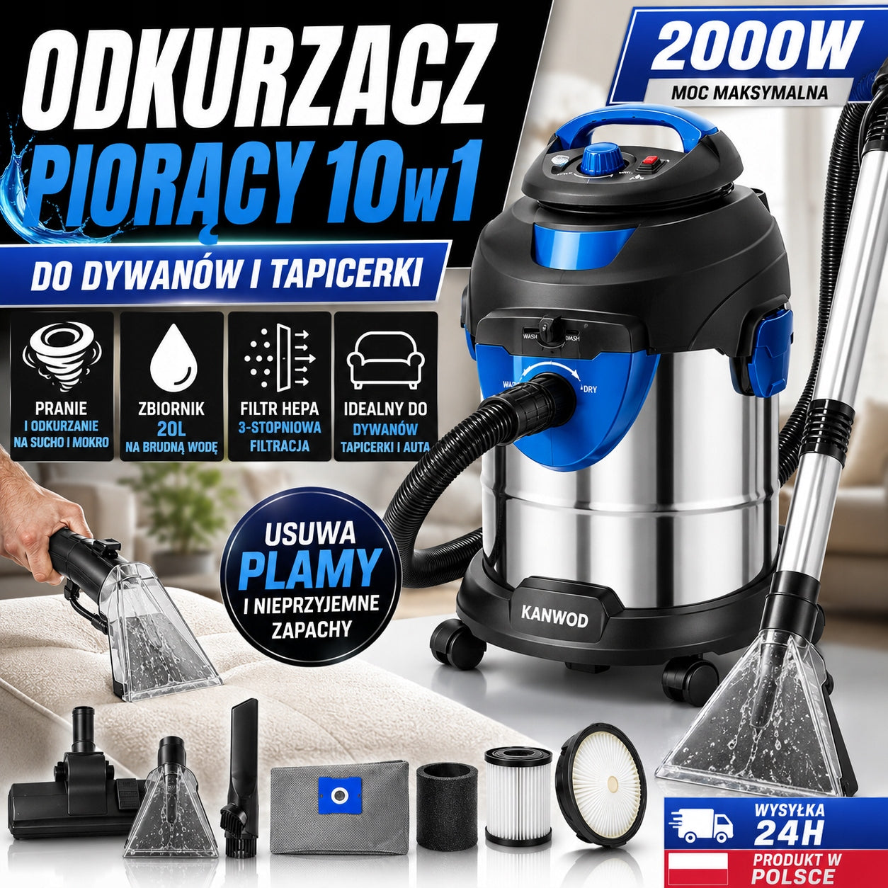 VACUUM CLEANER FOR CARPETS AND UPHOLSTERY STRONG 2000W 20L HEPA SUCTION CUPS LAUNDRY Packaging status original