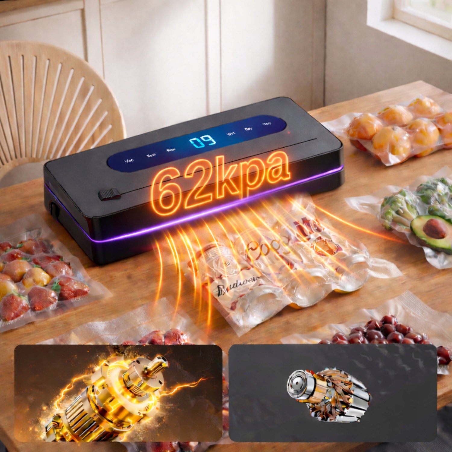 VACUUM SEALER Food PACKAGING MACHINE UV Disinfection KNIFE + 50 BAGS Brand Masuletto
