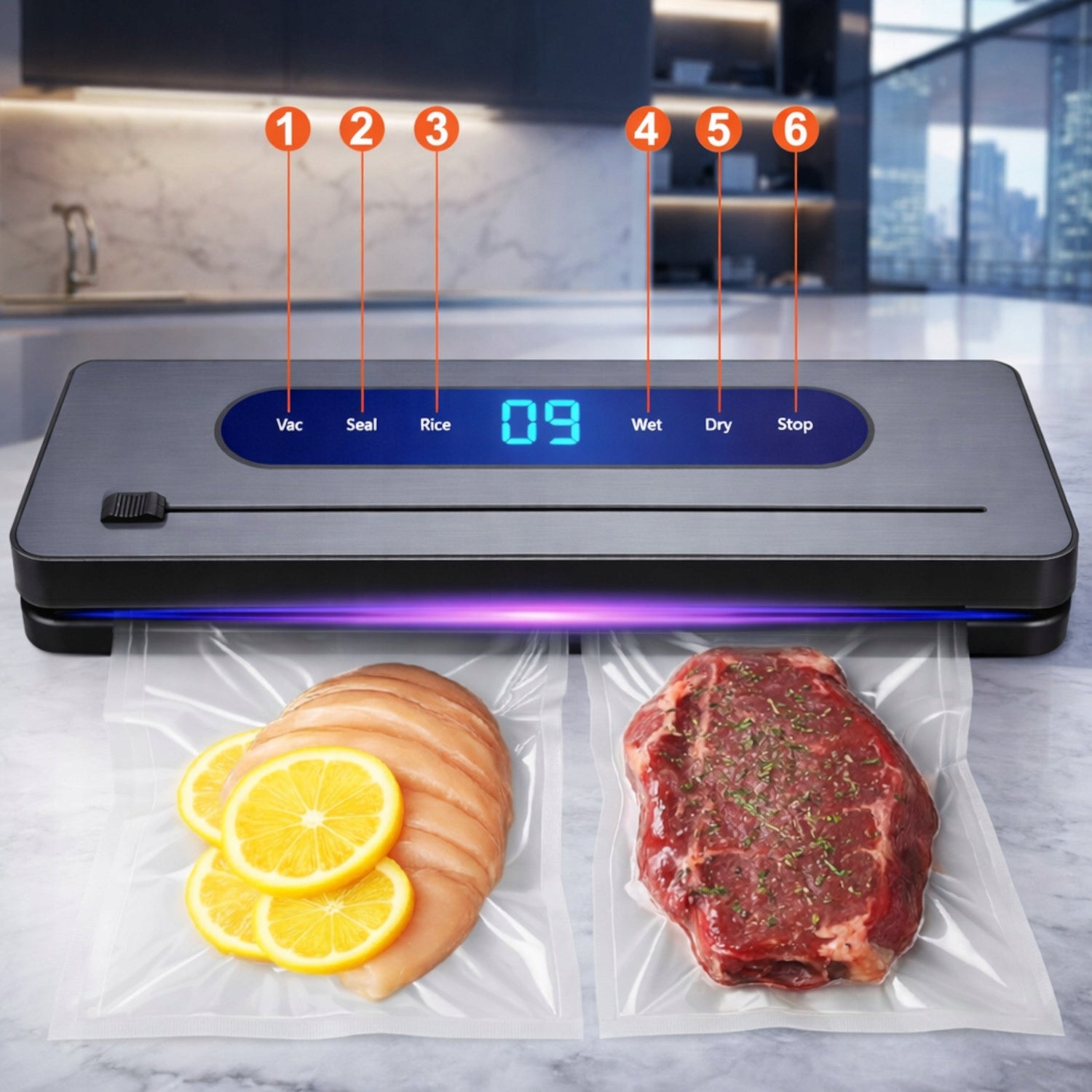 VACUUM SEALER Food PACKAGING MACHINE UV Disinfection KNIFE + 50 BAGS Model UV SMART - 5 automatycznych programów do pakowania