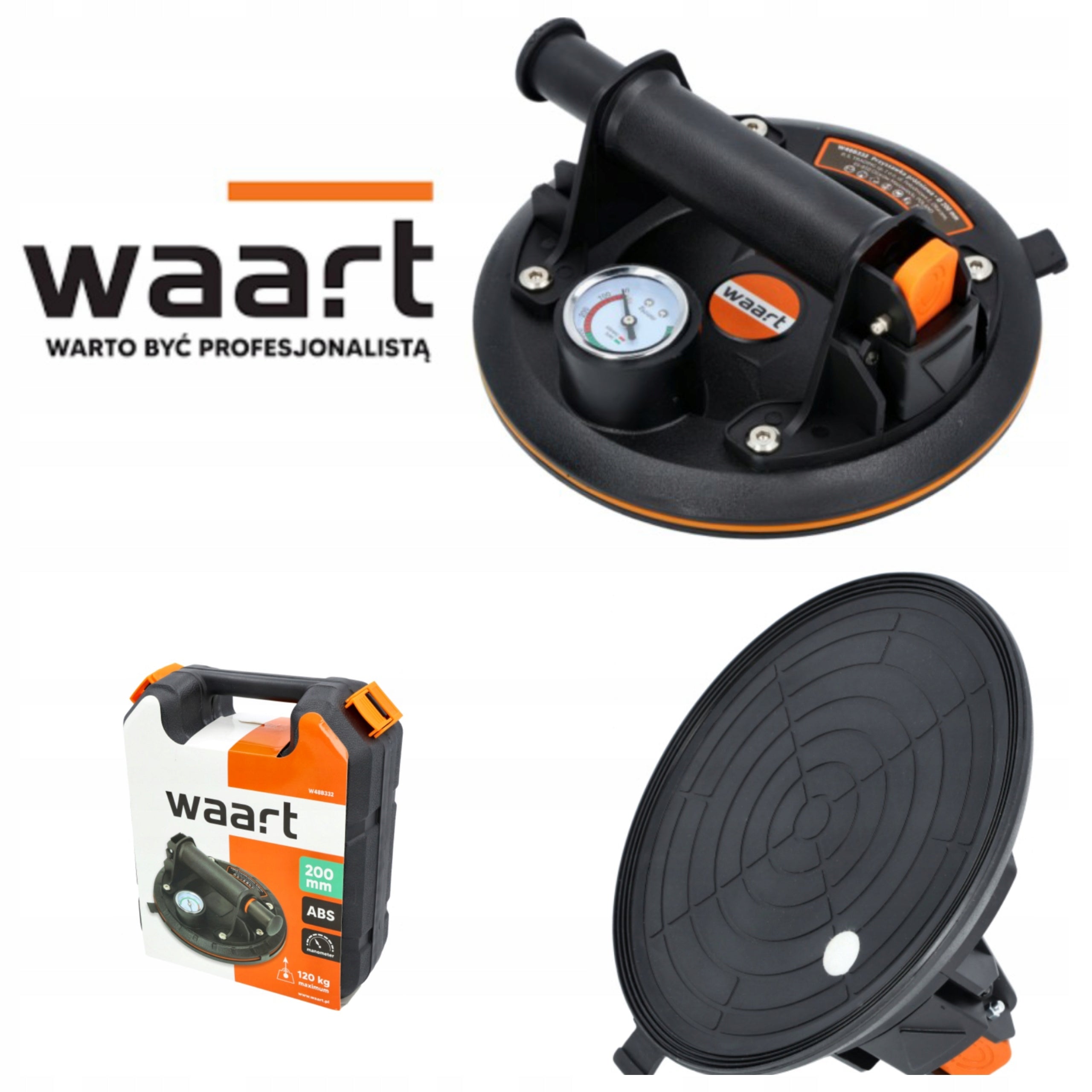 VACUUM SUCTION CUP 200 MM HANDLE WITH PRESSURE GAUGE IN CASE LIFTING CAPACITY 120 KG