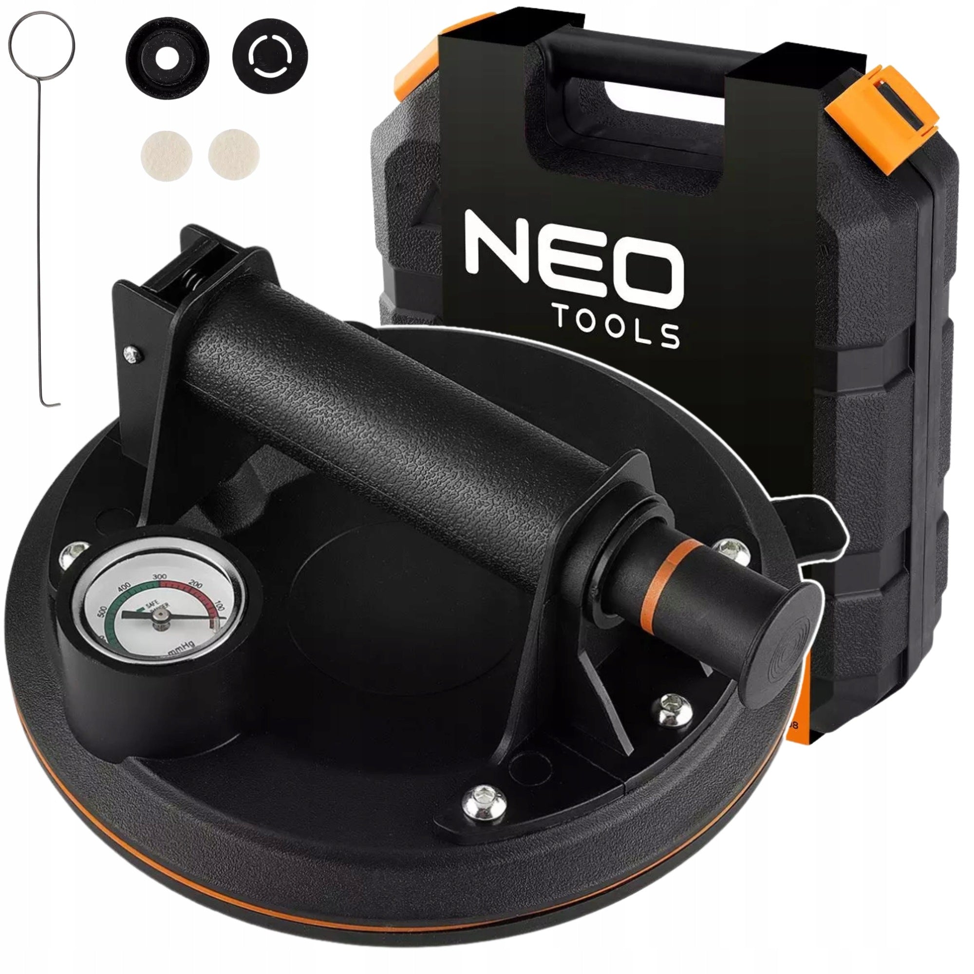 VACUUM SUCTION CUP FOR GLASS TILES WITH PUMP PRESSURE GAUGE SUITCASE NEO TOOLS