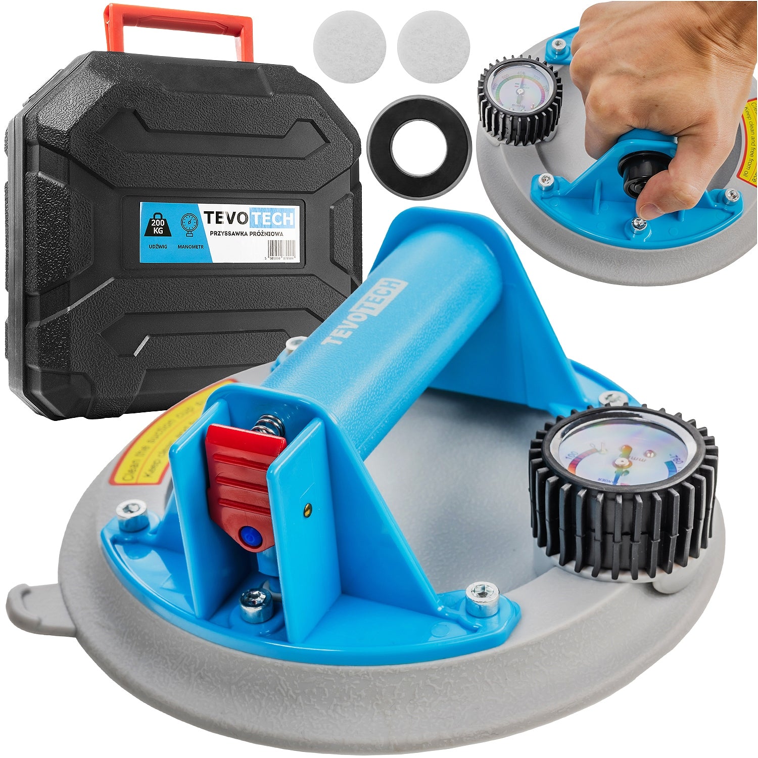 VACUUM SUCTION CUP FOR GLAZE GLASS TILES HOLDER WITH PRESSURE GAUGE PRO 200KG