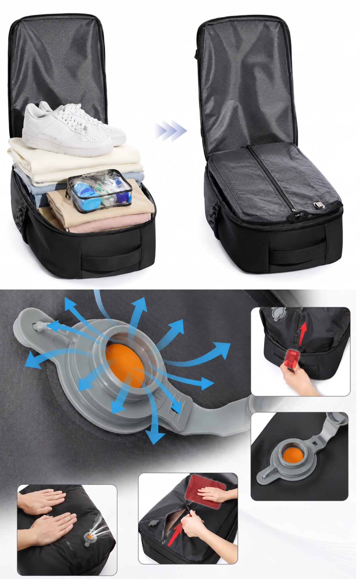 VACUUM TRAVEL BACKPACK WITH PUMP FOR AIRPLANE HANDY RYANAIR 40x25x20cm Manufacturer code PLECAK131
