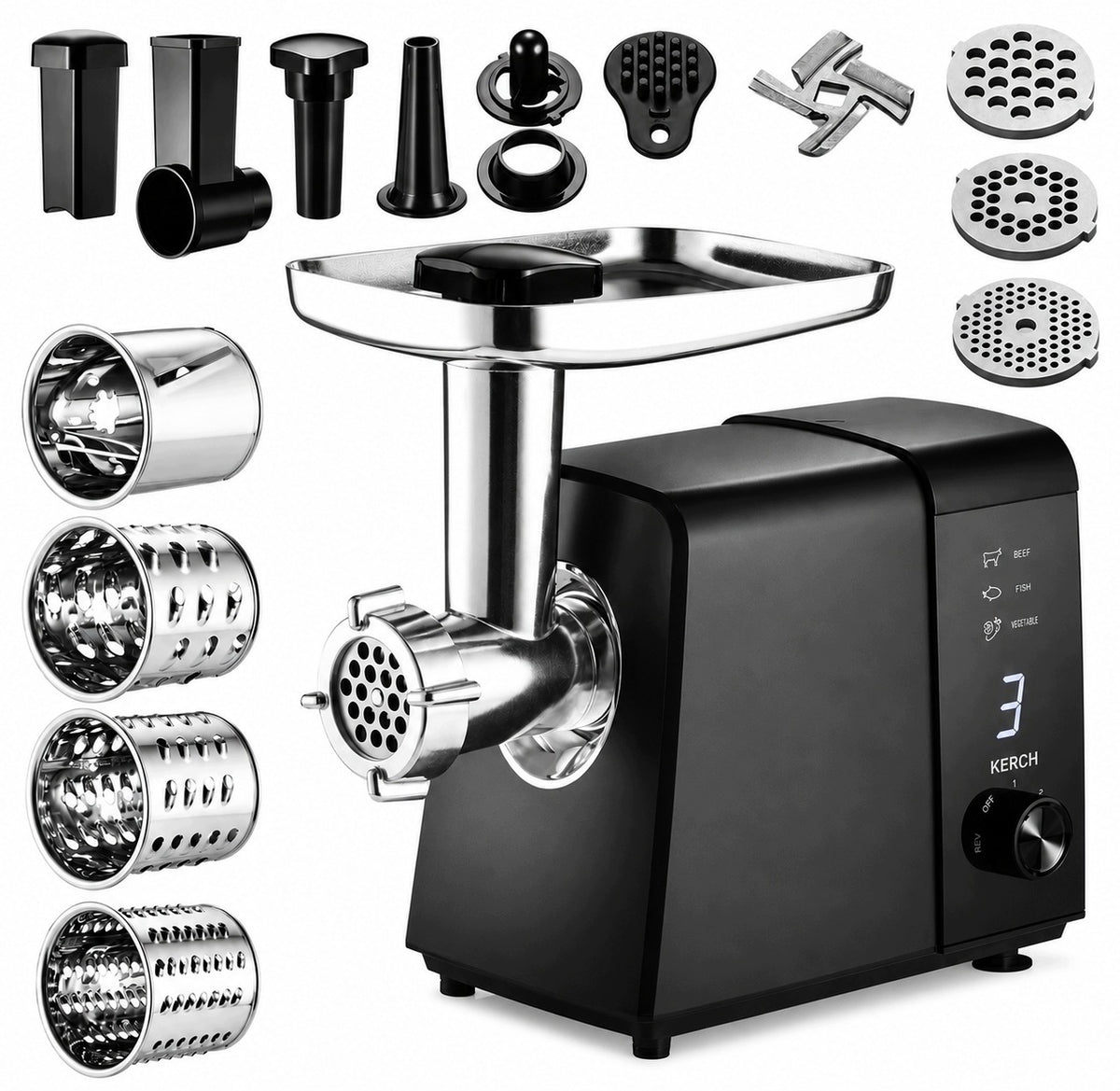 VEGETABLE MEAT GRINDER KERCH FARGO 3 MODES SHREDDER ACCESSORIES