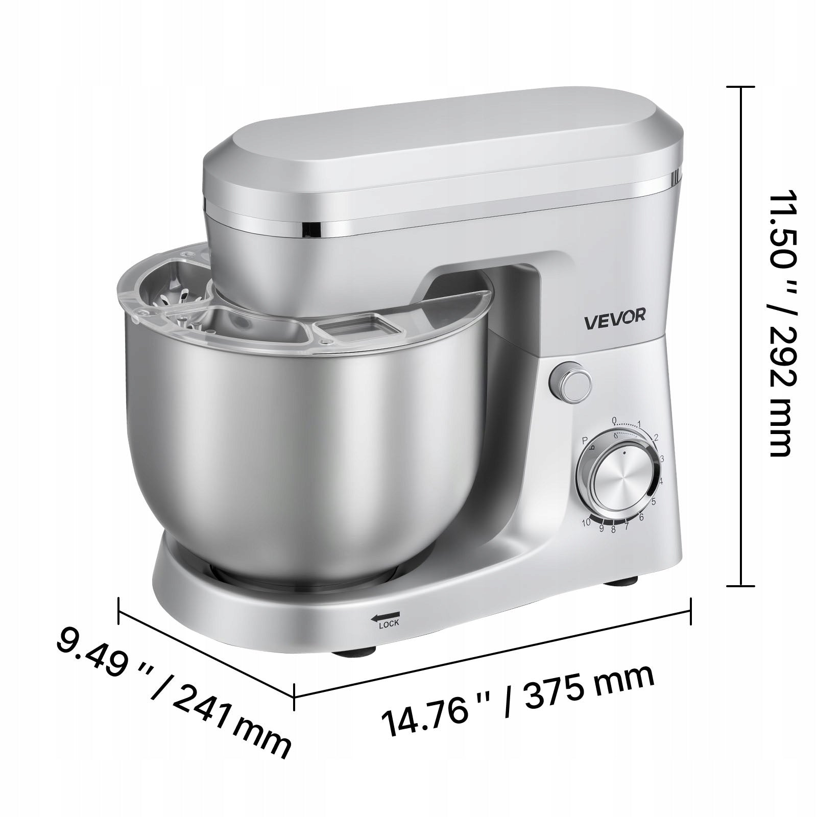 VEVOR Cake Mixer 1500W 10-Speed Mixer With Steel Bowl 5,7L Dominant color silver