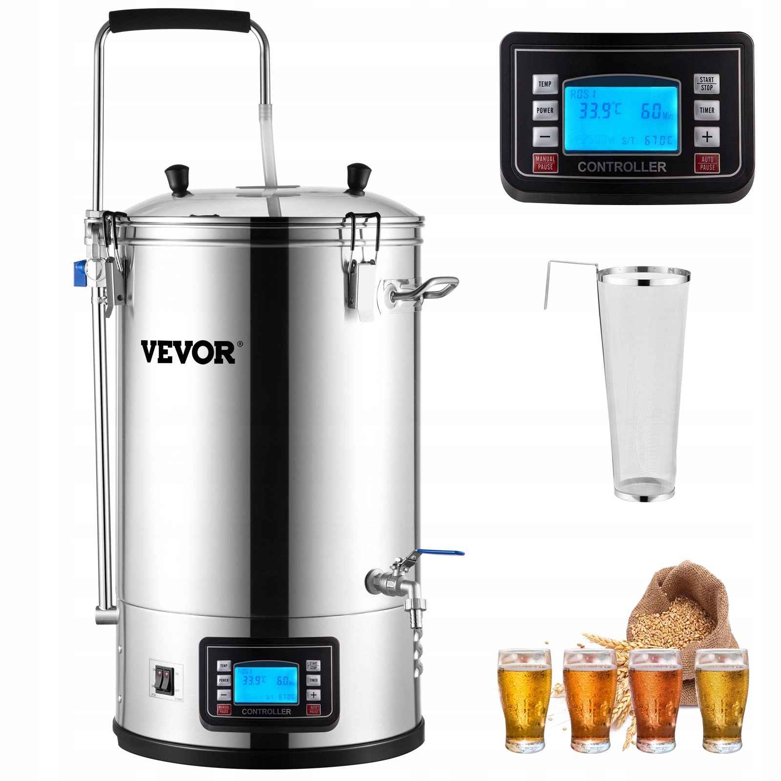 VEVOR Electric Beer Brewing Machine Stainless Steel 30L 100-2500W