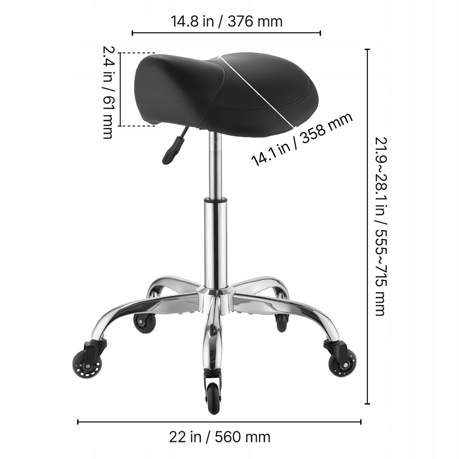 VEVOR Saddle Hoker Height Adjustable And Rotary With Quiet Wheels Black Manufacturer code MADMAD500BJS4
