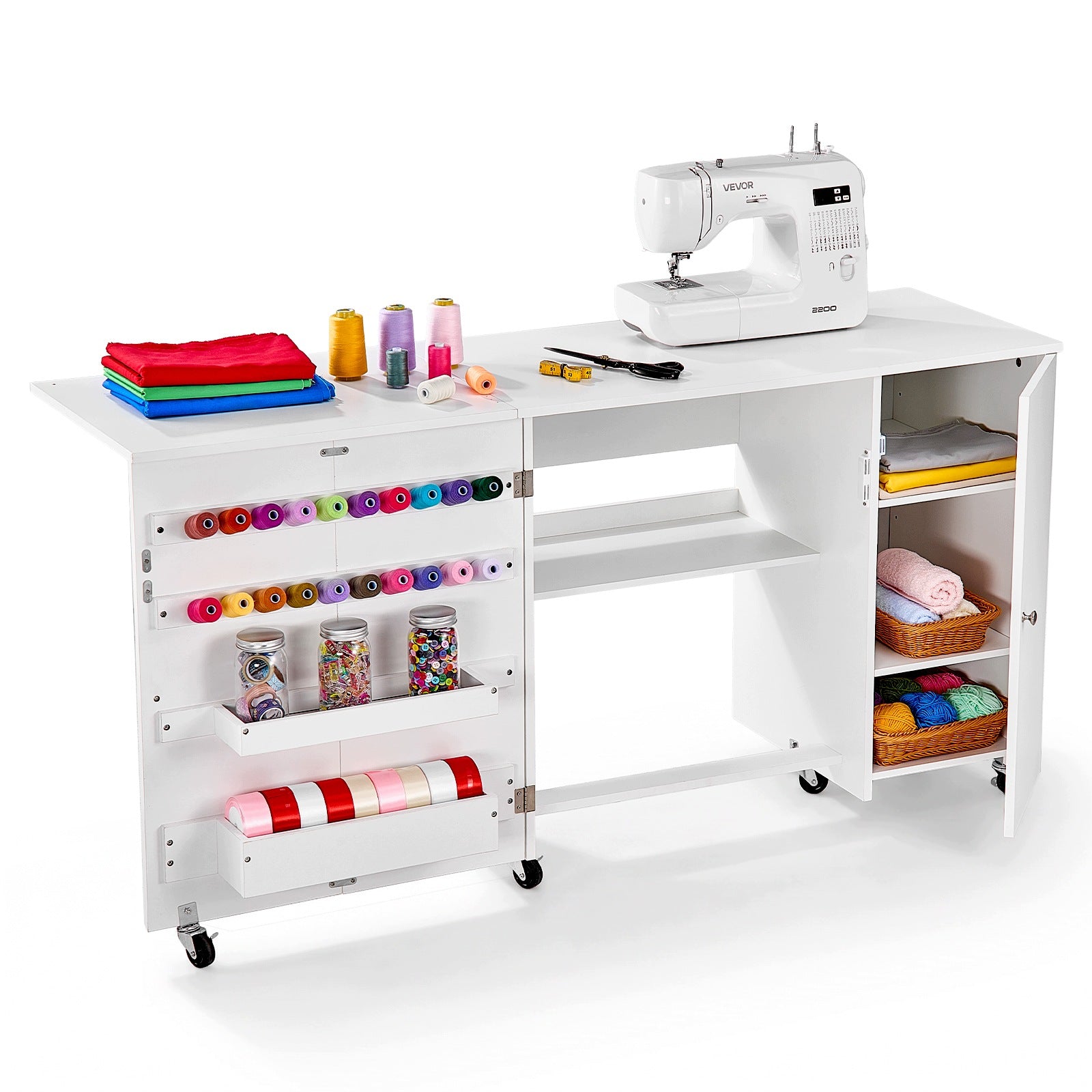 VEVOR Sewing Table With Wheels Wooden Frame Lifting Capacity 40KG White Folding
