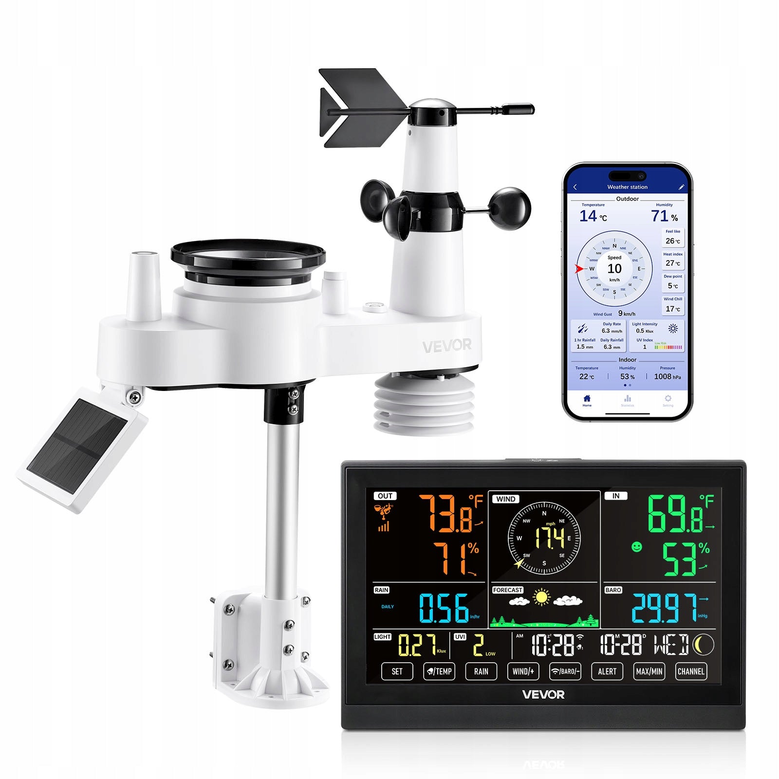 VEVOR Weather Station 7W 1 19,05CM VA Display With Wi-Fi And App