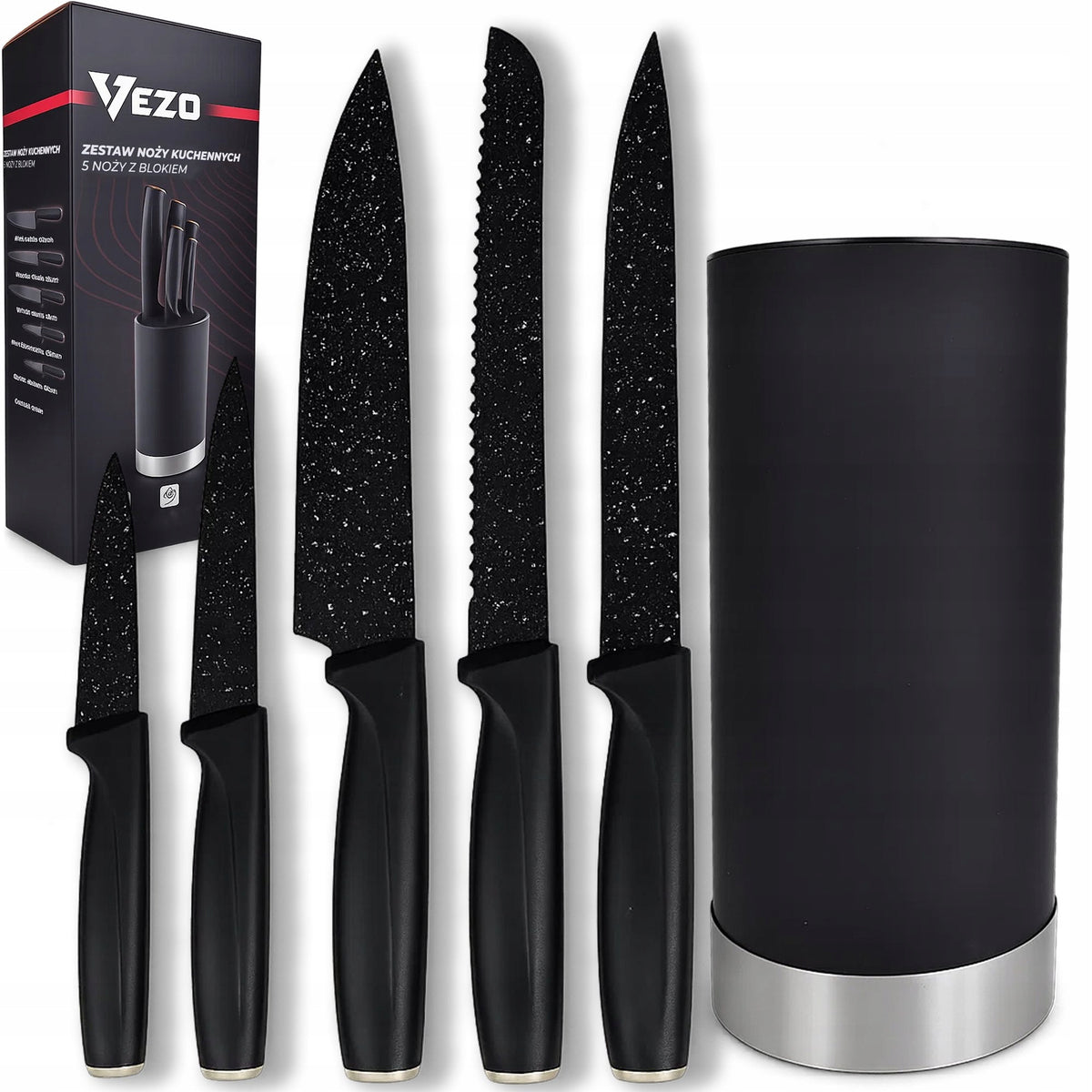 VEZO KNIFE SET 5PCS IN BLOCK CHEF'S BREAD KITCHEN KNIFE SET RACK