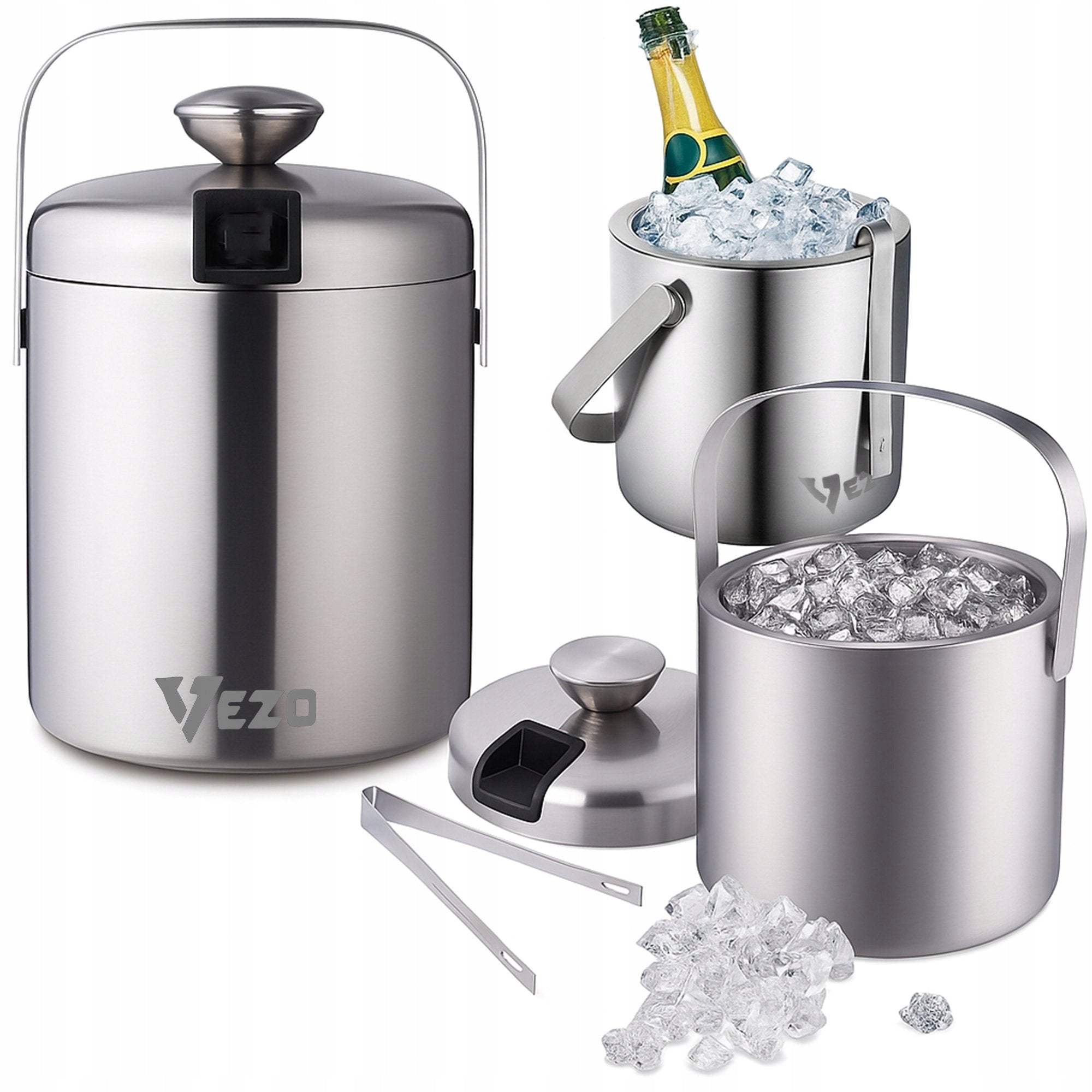 VEZO STEEL ICE BUCKET 1,3L LID STRAINER PLIERS FOR EVENTS
