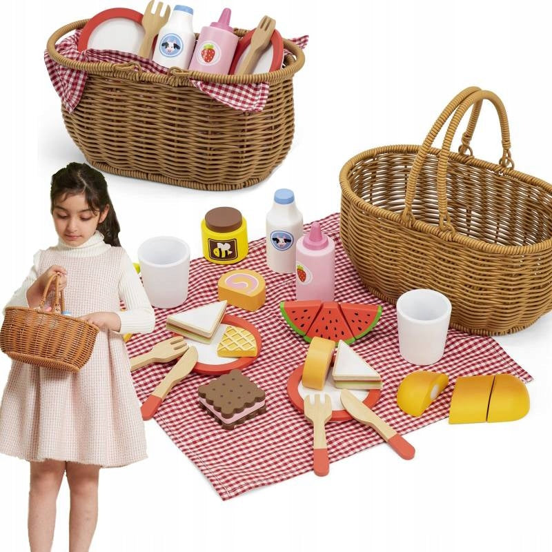 VIGA Wooden Picnic Set 30 el. BASKET for children blanket ACCESSORIES